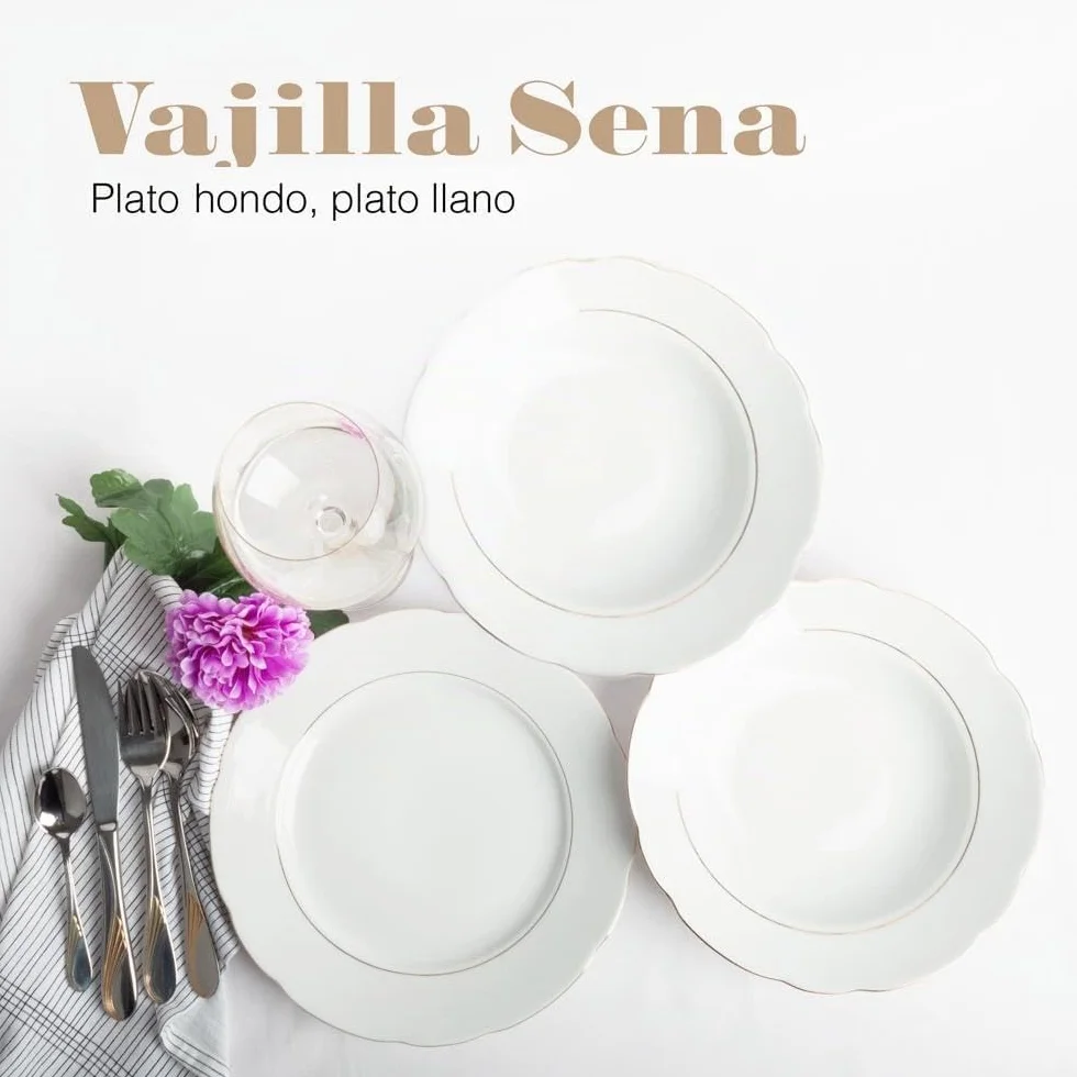 FRANQUIHOGAR - Juego de Vajilla 18 Piezas para 6 Personas - Porcelana Blanca con Filo de Oro, Elegante y Clásico, Incluye Platos Llanos, Hondos, Blanco Con Filo de Oro, Porcelana