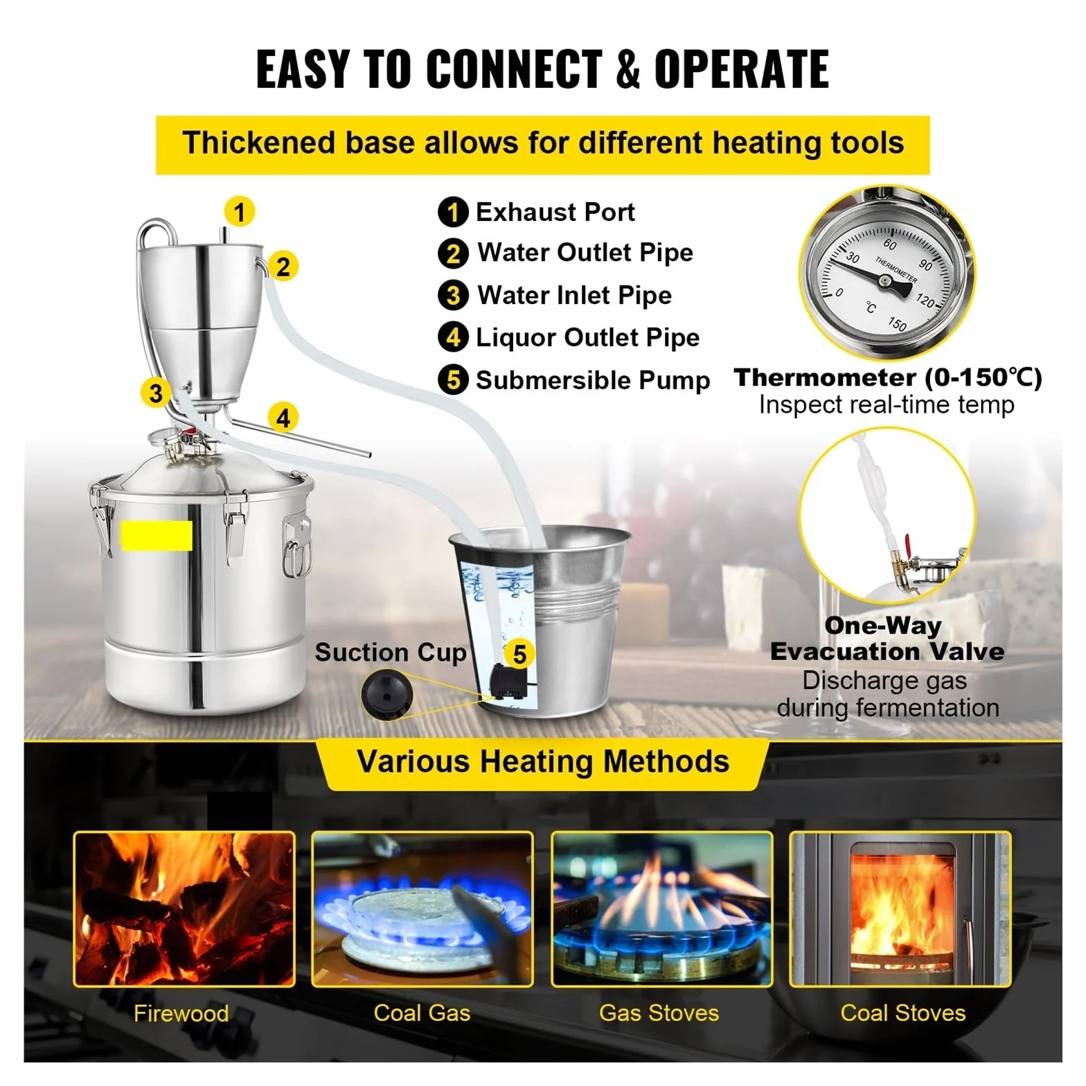 Destilador de Alcohol y agua de 30L, equipo de alcohol ilegal DIY de acero inoxidable for whisky, vino, cerveza, licores, Kit de elaboración casera