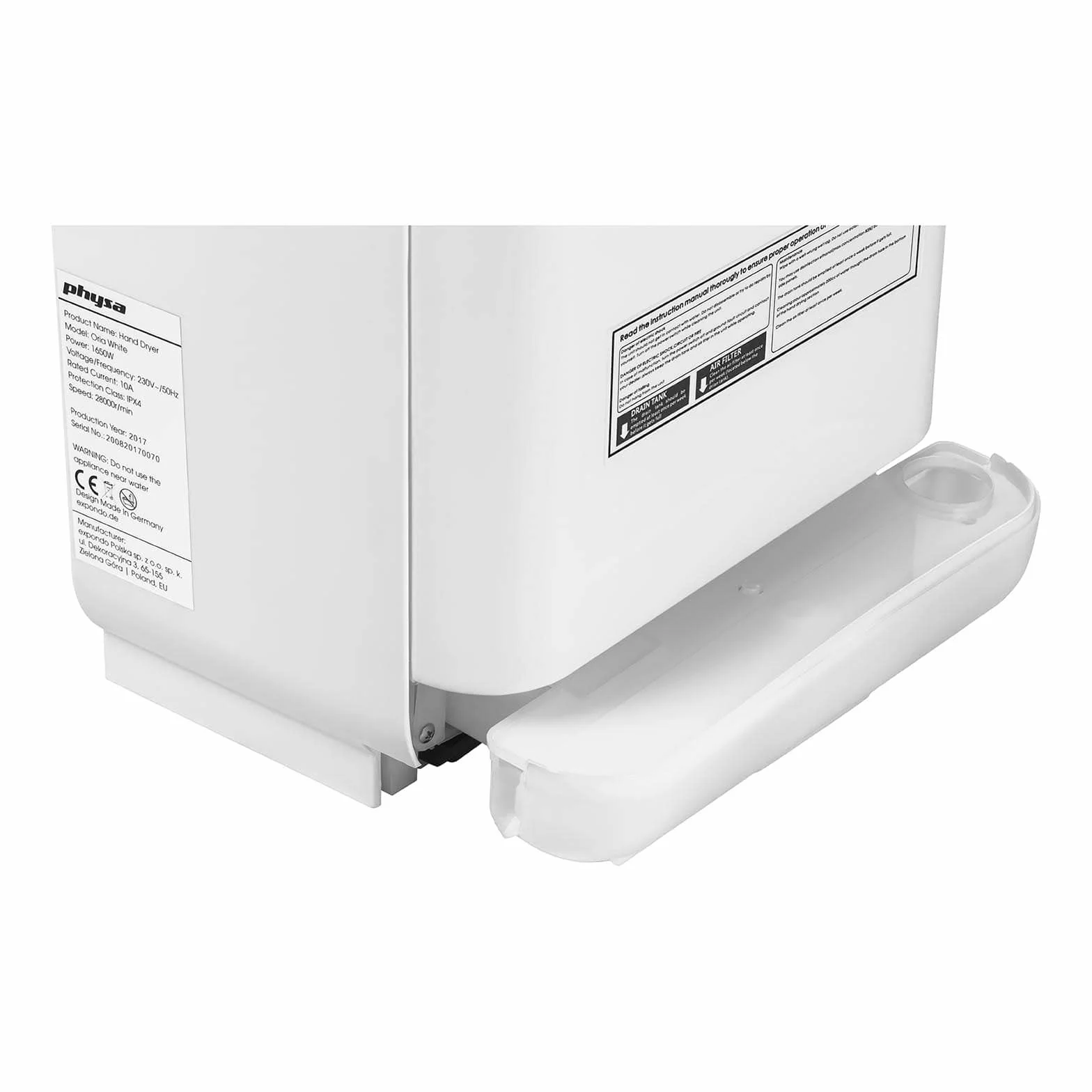 Physa ORIA White Secador de Manos Eléctrico Automático (Tiempo de Secado máx.: 5-7 s, Potencia de 1650 Watt, Flujo de Aire: 86 m/s)