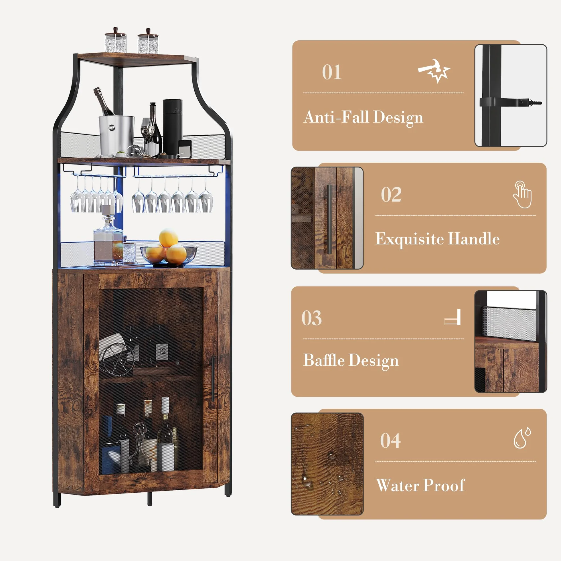 Armario de Vino con Luces LED, Mueble Bar Industrial de 5 Niveles con Botellero y Porta Copas, Estantería para Vinos con Puerta de Malla para Salón y Comedor, Marrón Retro