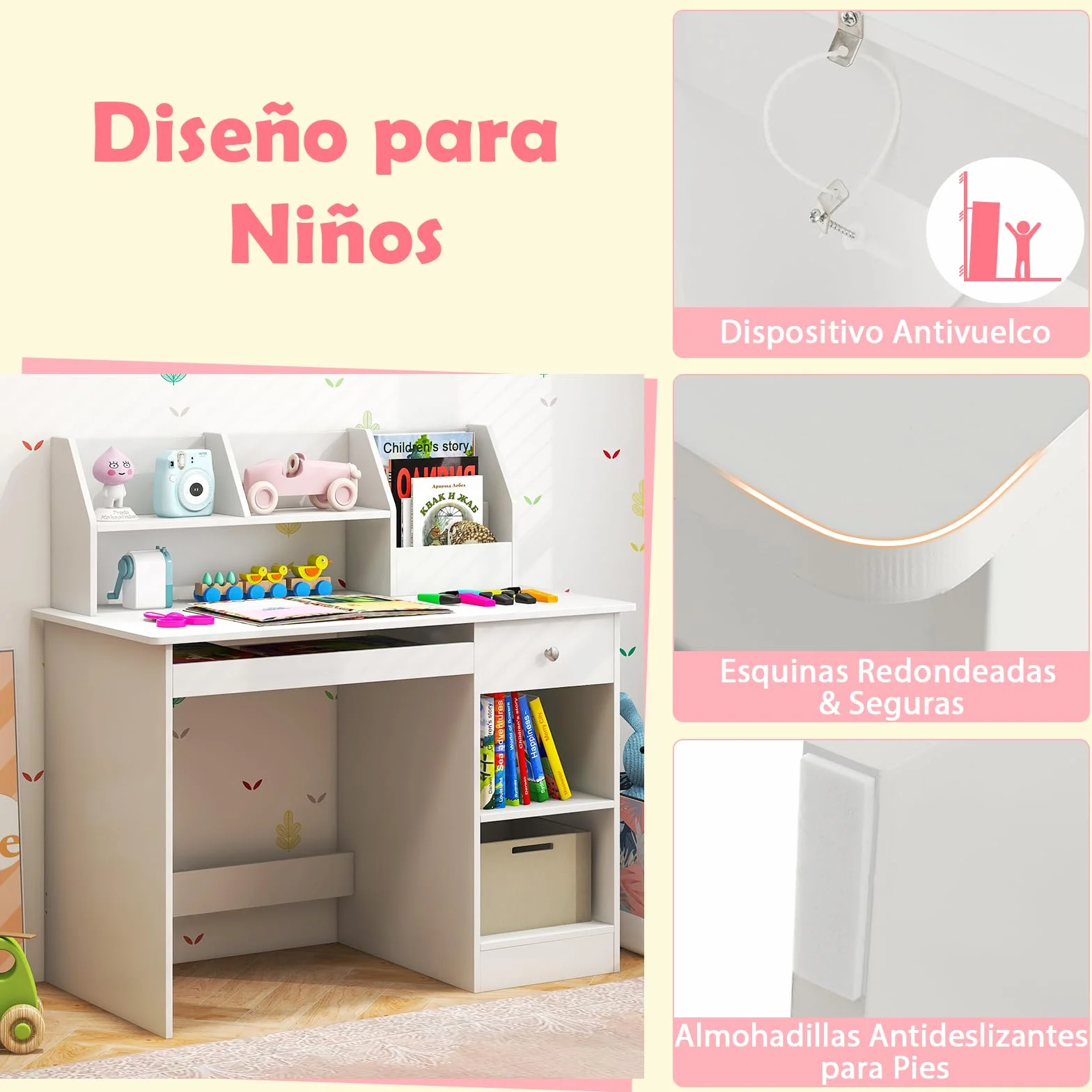 GOPLUS Escritorio Infantil de Madera con Cajón, Mesa Juvenil 3 en 1, 90 x 45 x 90 cm Blanco