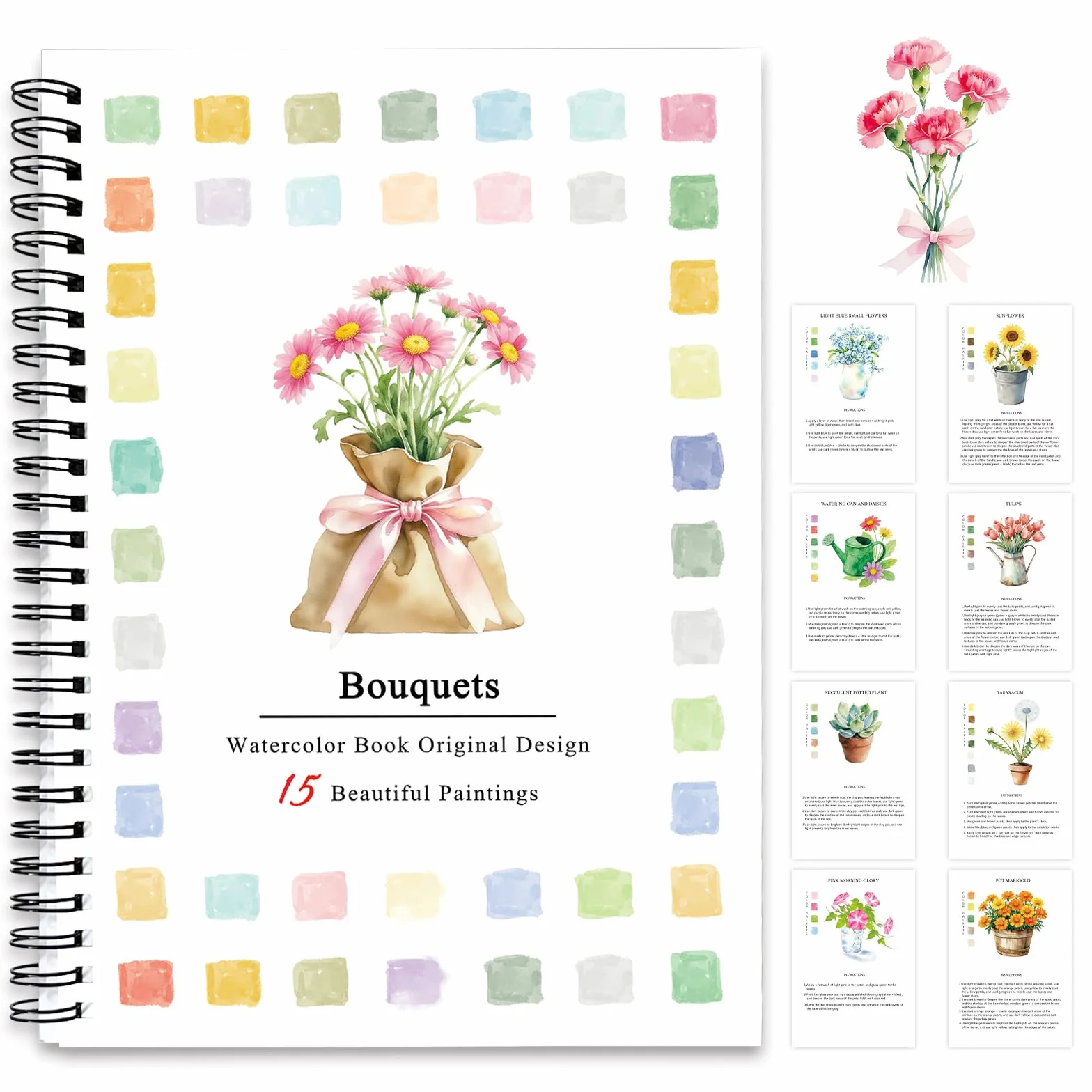 SLWBZ Ramos de libros de trabajo de acuarela, 15 patrones diferentes de diseños originales de bricolaje, 16 platos de pintura de acuarela de colores con paleta y pincel, libros de trabajo de acuarela