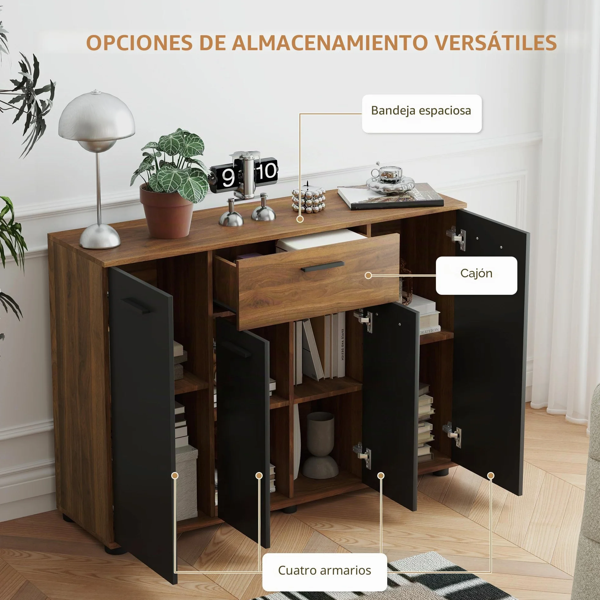 HOMCOM Aparador de Almacenamiento 120x35x85cm Marrón y Negro | 4 armarios, cajones, estantes ajustables, mueble de comedor