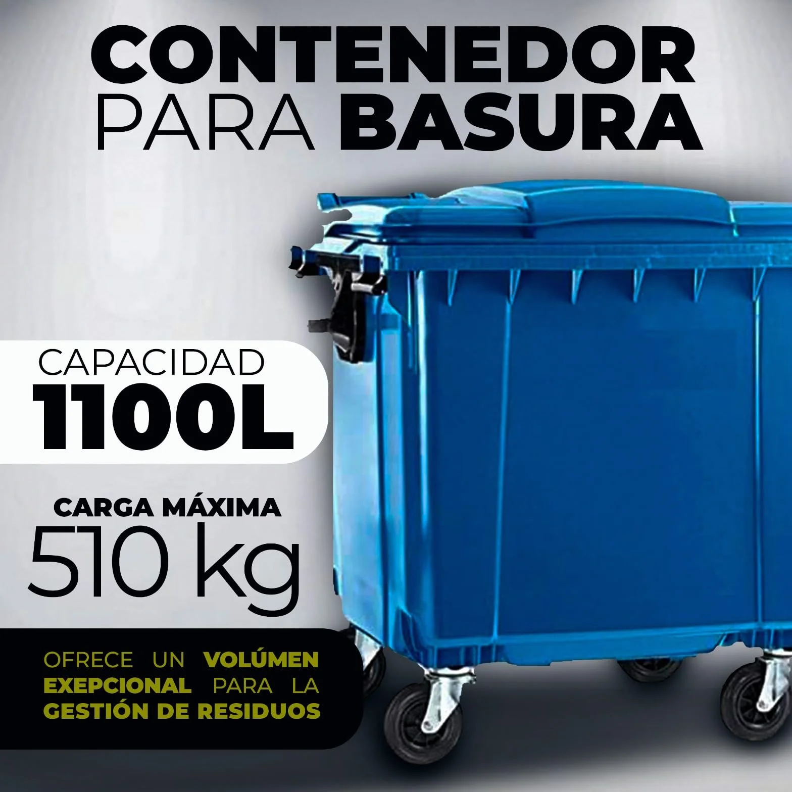 SSI Contenedor de Basura 1100L con Tapa Plana - Diseño Robusto Azul, Ruedas con Freno, Desagüe Inferior, Cumple Normativa EN-840, Ideal para Grandes Volúmenes de Residuos y Reciclaje en Exteriores