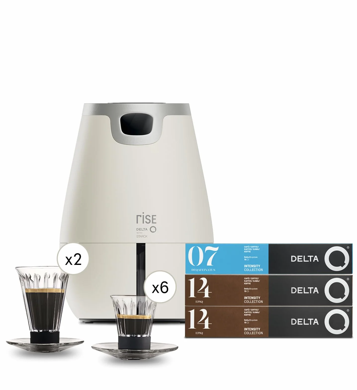 Delta Q | Cafetera Rise Blanco 19 Bares Extracción Inversa + 20 cápsulas | Incluye 20 Cápsulas Intensidad 14 + 10 Descafeinado, 6 Tazas Compatibles