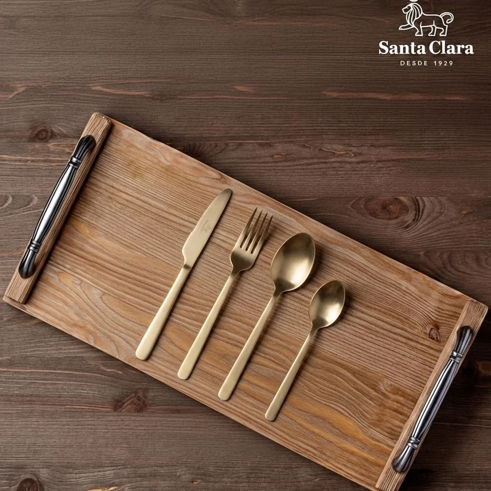 SANTA CLARA | Cubertería completa 16 piezas de acero inoxidable acabado champán PVD, juego de cubiertos con cuchillo, tenedor, cuchara y cucharilla de postre, servicio para 4 personas, modelo Antiga