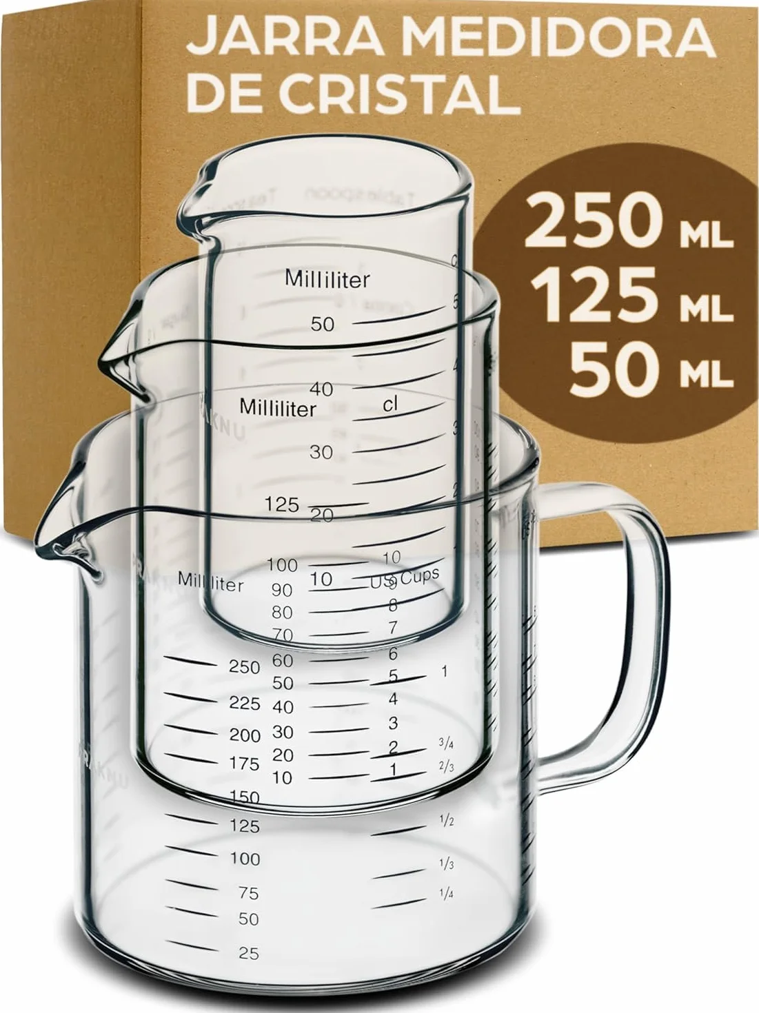 Jarra Medidora de Cristal 50ml 125ml 250ml Escala Precisa Apilable Resistente al Calor y al Microondas