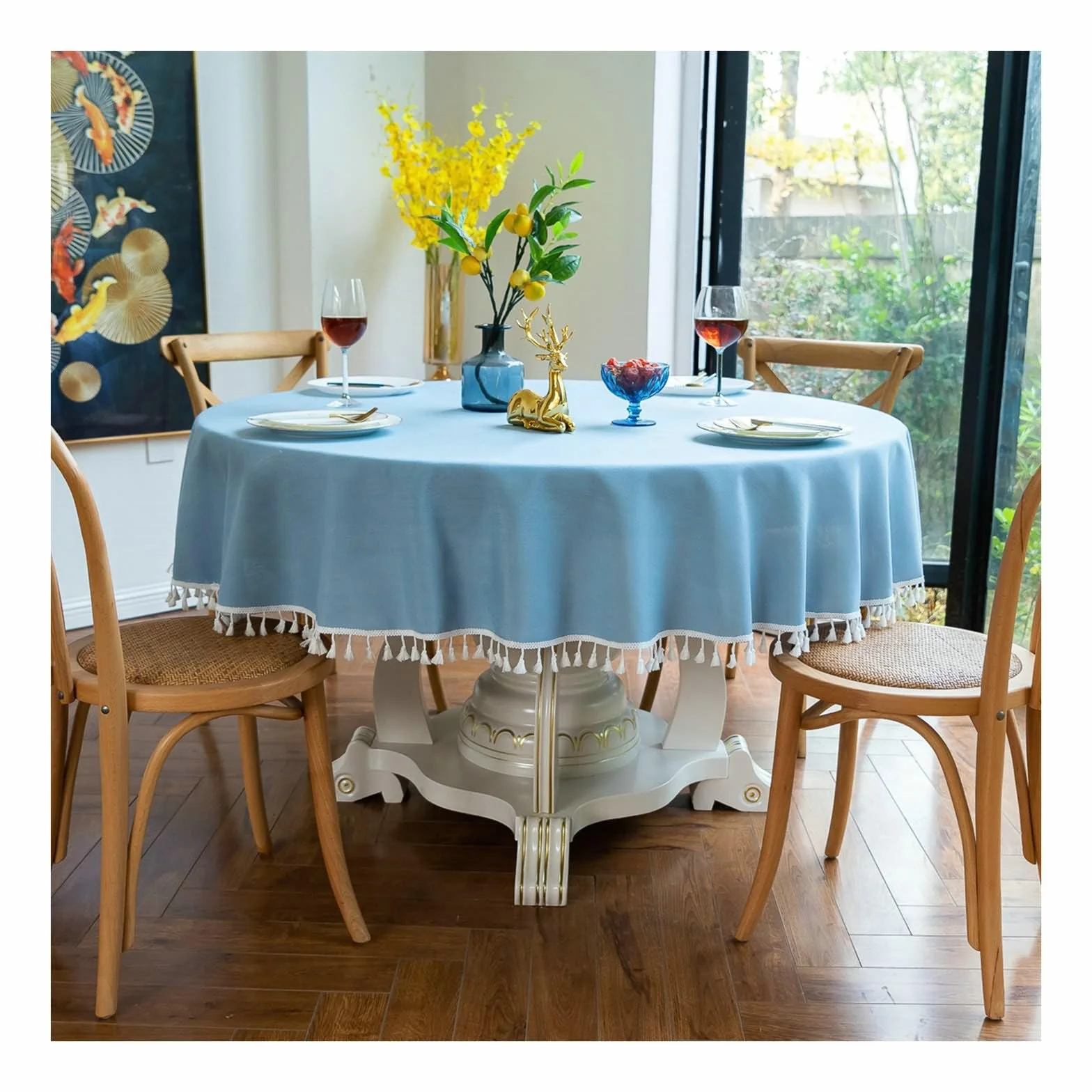 Gualiy Mantel Redondo de Tela, Poliéster Mantel Cocina Cafe Round 160CM Manteles de Mesa Antimanchas Color Sólido con Borlas Mantel para Mesa Cocina, Azul