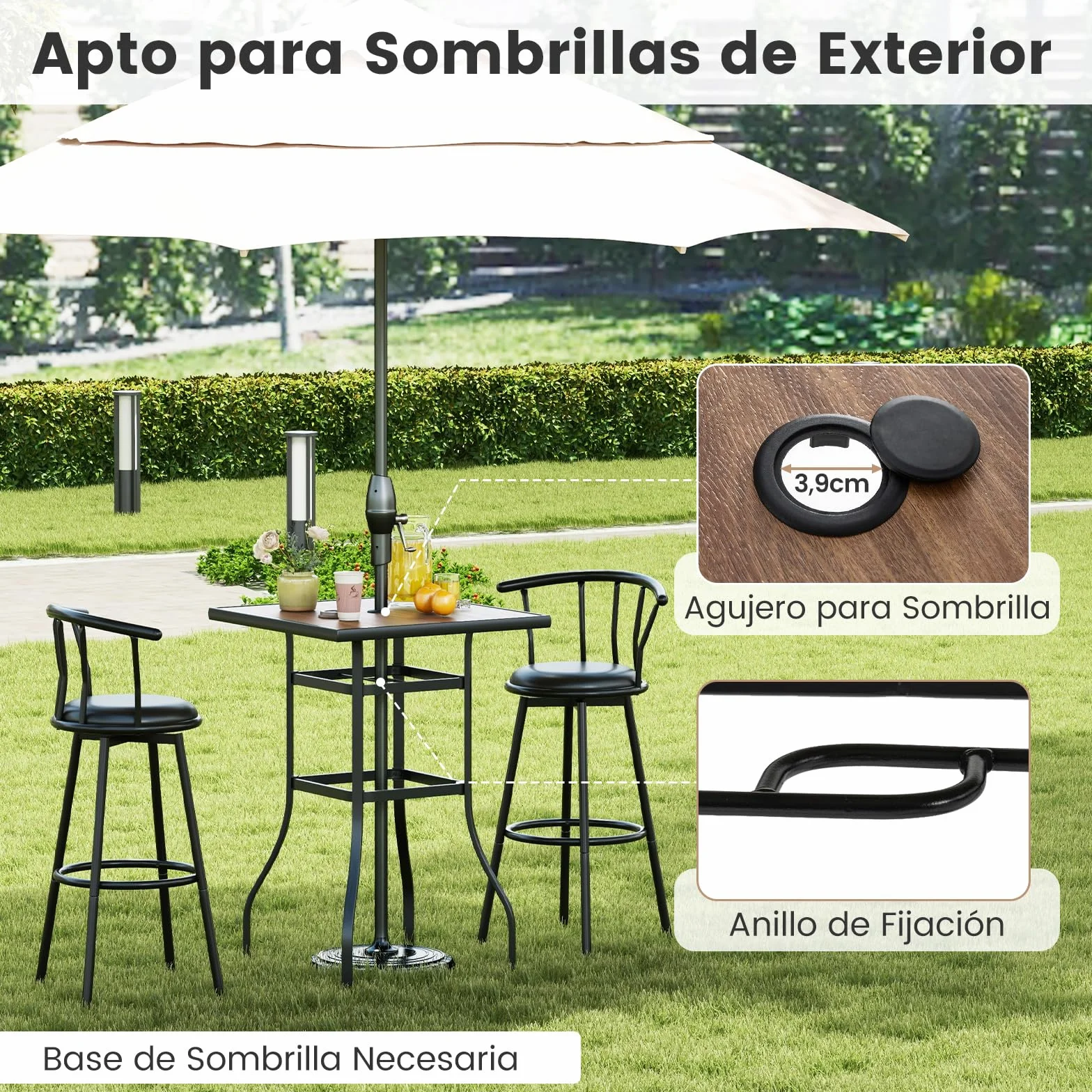 COSTWAY Mesa Alta Cocina, Mesa Alta Cuadrada 70cm, Mesa Bar con Orificio para Sombrilla de 39 mm, Estructura de Metal, Mesa Alta Exterior Jardin Terraza