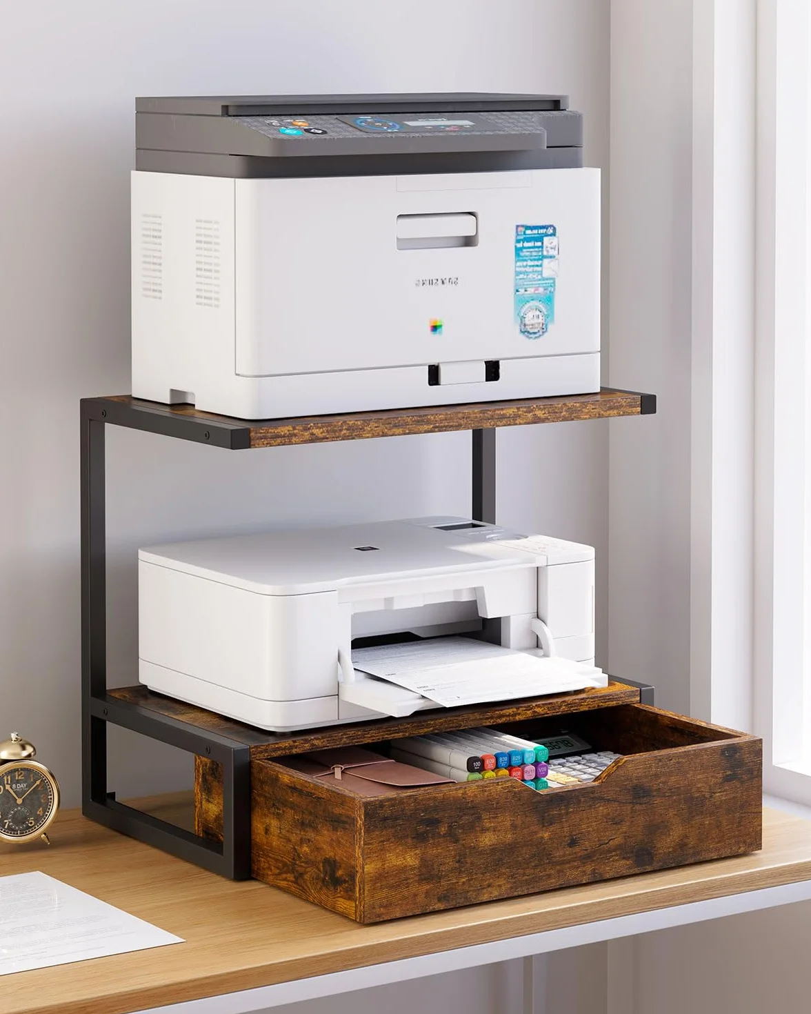 IBUYKE Soporte para impresora de escritorio multifunción, mesa con estante de almacenamiento, organizador para carpetas y libros, compatible con fax y escáner