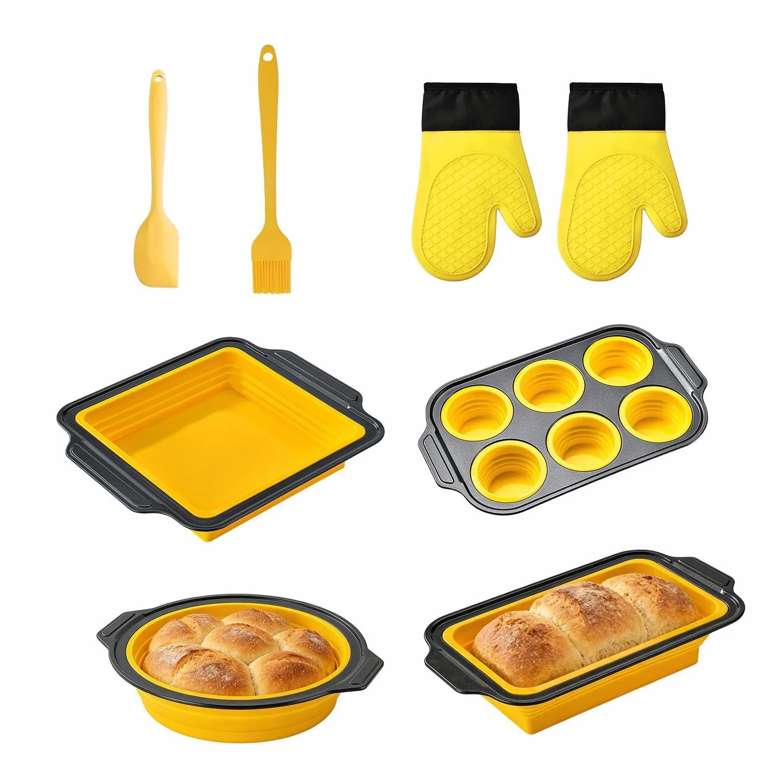Genérico Molde de Silicona para Hornear Vajilla Flexible para Hornear | con Guante, Rasqueta y Cepillo Set Antiadherente para Hornear Resistente al Lavavajillas, para Magdalenas, Pan, Galletas,