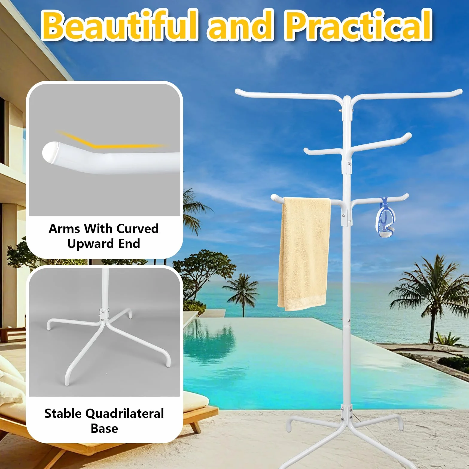 Toallero de piscina al aire libre, 6 barras de columna, toallero de pie, soporte ajustable para toallas de piscina y patio con base pesada (blanco