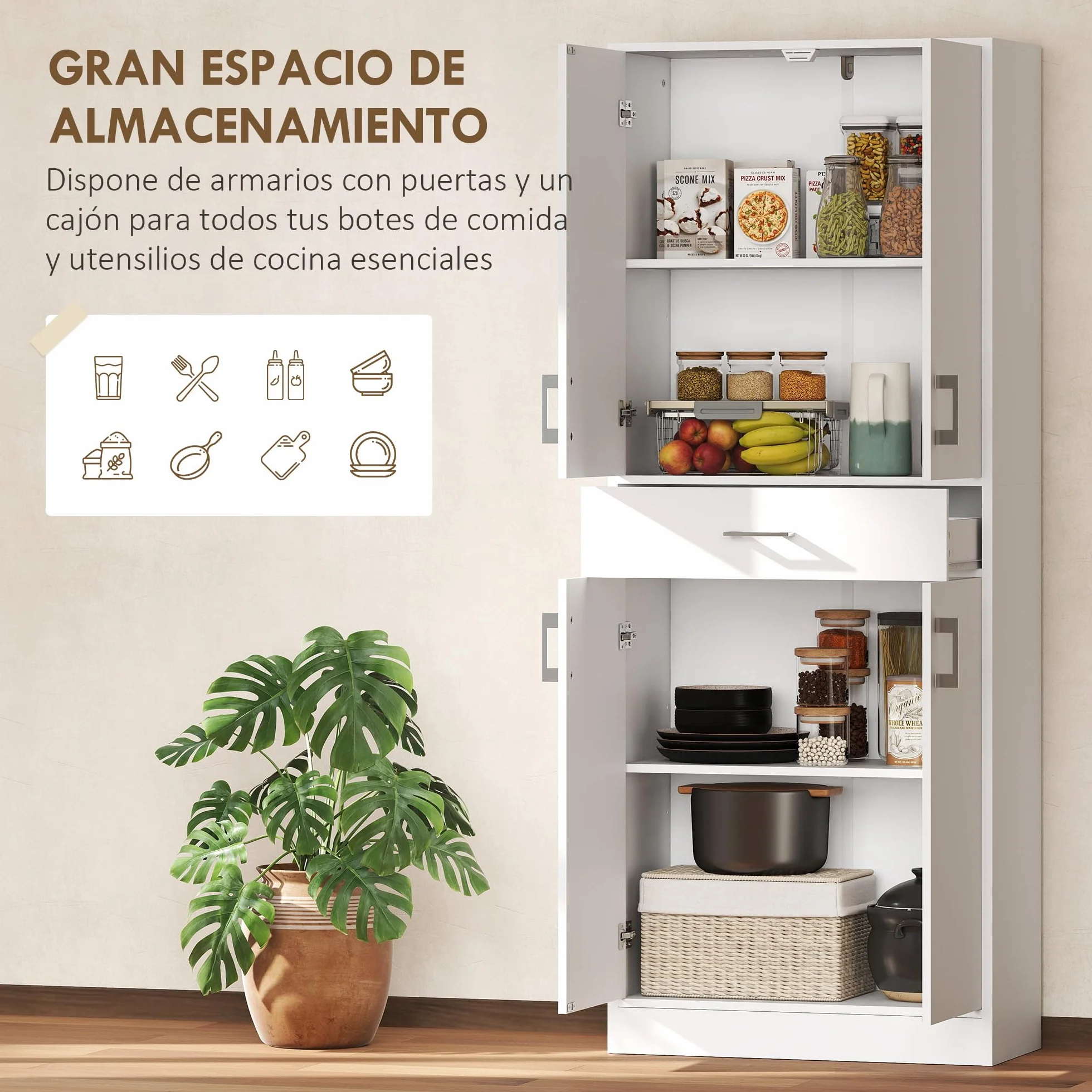 HOMCOM Alacena de Cocina con 4 Puertas 1 Cajón y Estantes Ajustables Antivuelco Armario de Cocina Moderno para Comedor Salón 70,8x34x180 cm Blanco y Plata