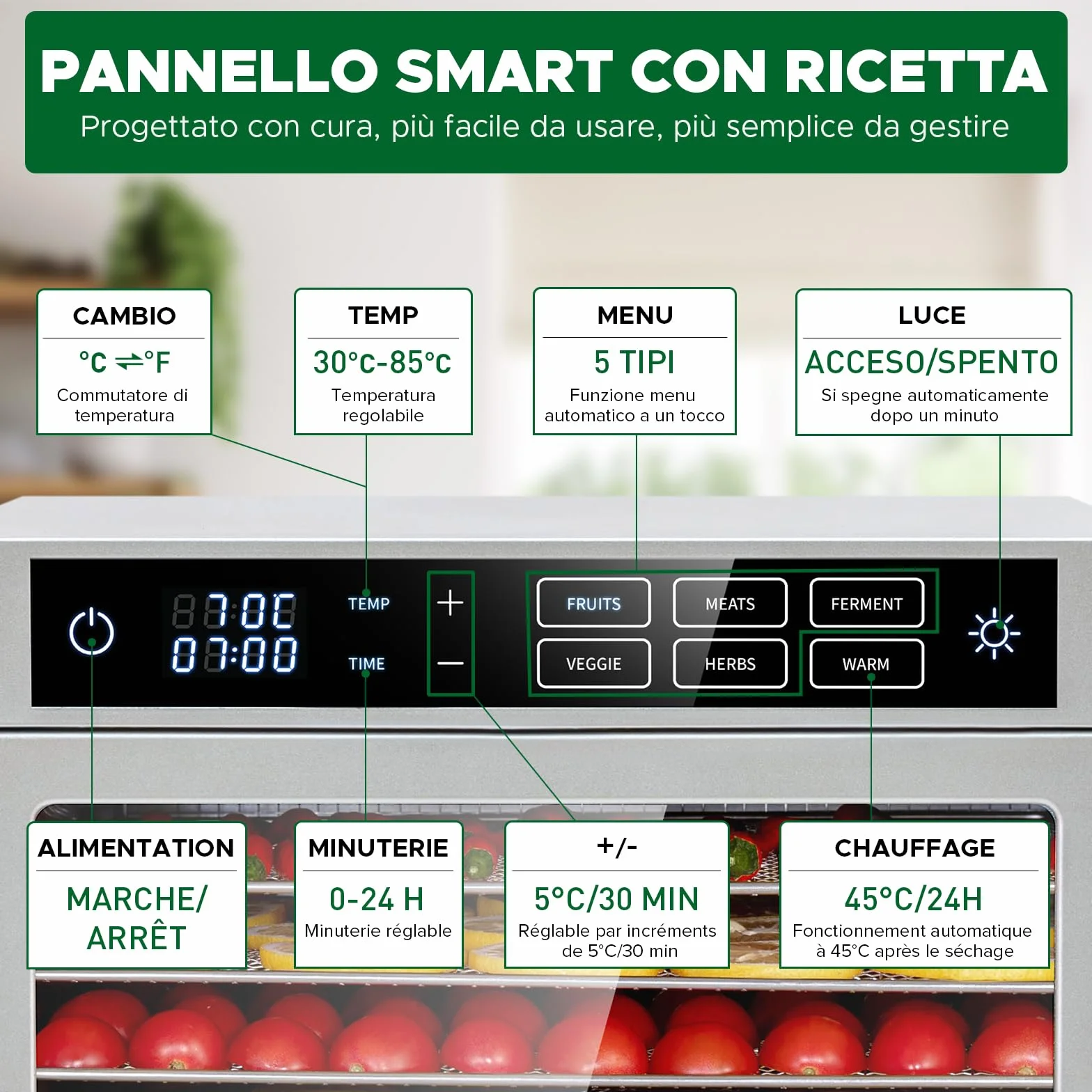 Kwasyo Deshidratador de Alimentos Acero Inoxidable 12 Bandejas, 6 Funciones Preestablecidas, Deshidratador de 800W, 6 Tapetes de Silicona, 2 Tarros, 2 Bandejas para Rollos de Frutas, Receta Incluida