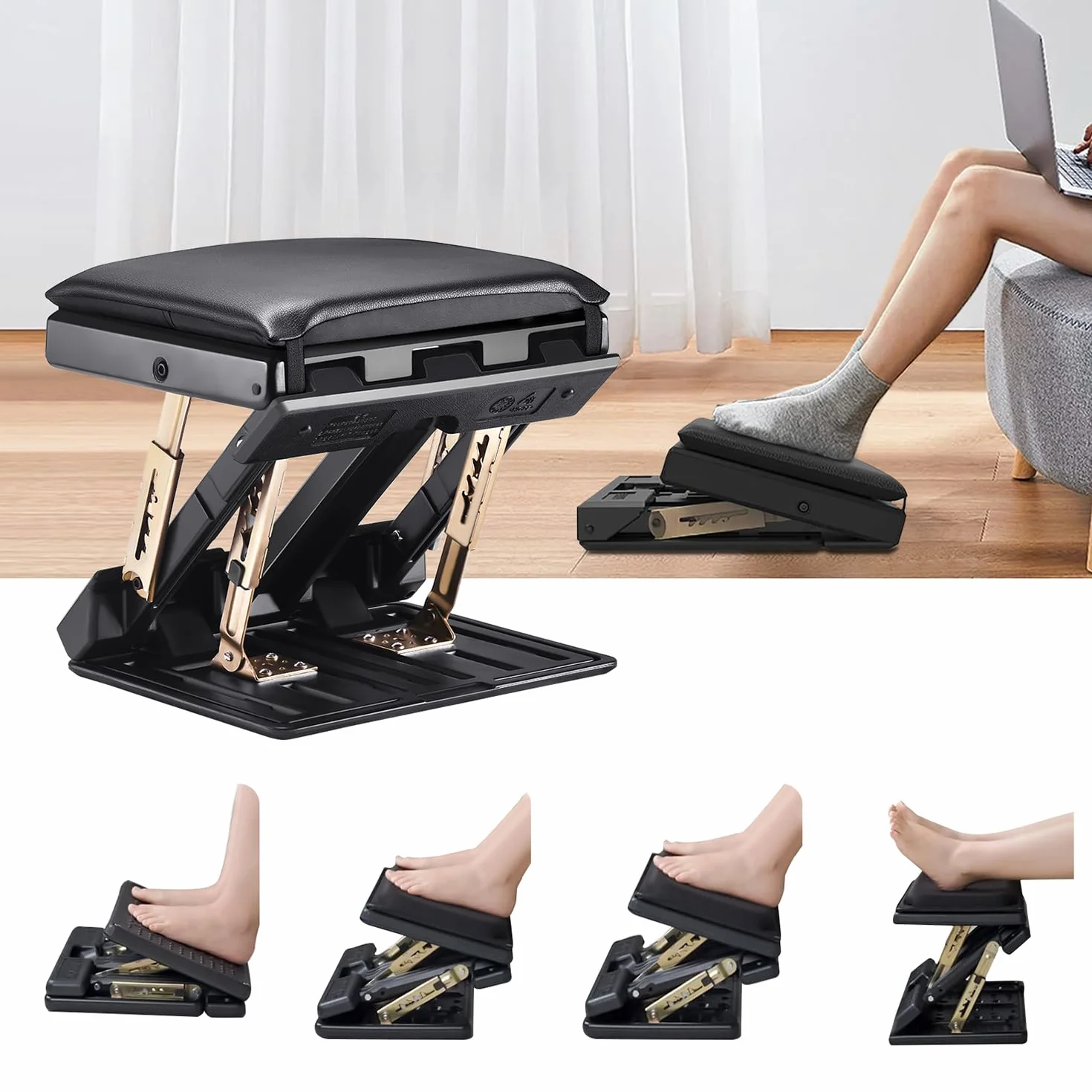 Reposa Pies Trabajo Oficina, 4 Niveles de Altura Ajustable, Reposapiés Ergonómico Plegable, con Almohadilla de Reposapiés Suave Extraíble Diseño Ergonómico para Espalda Rodilla
