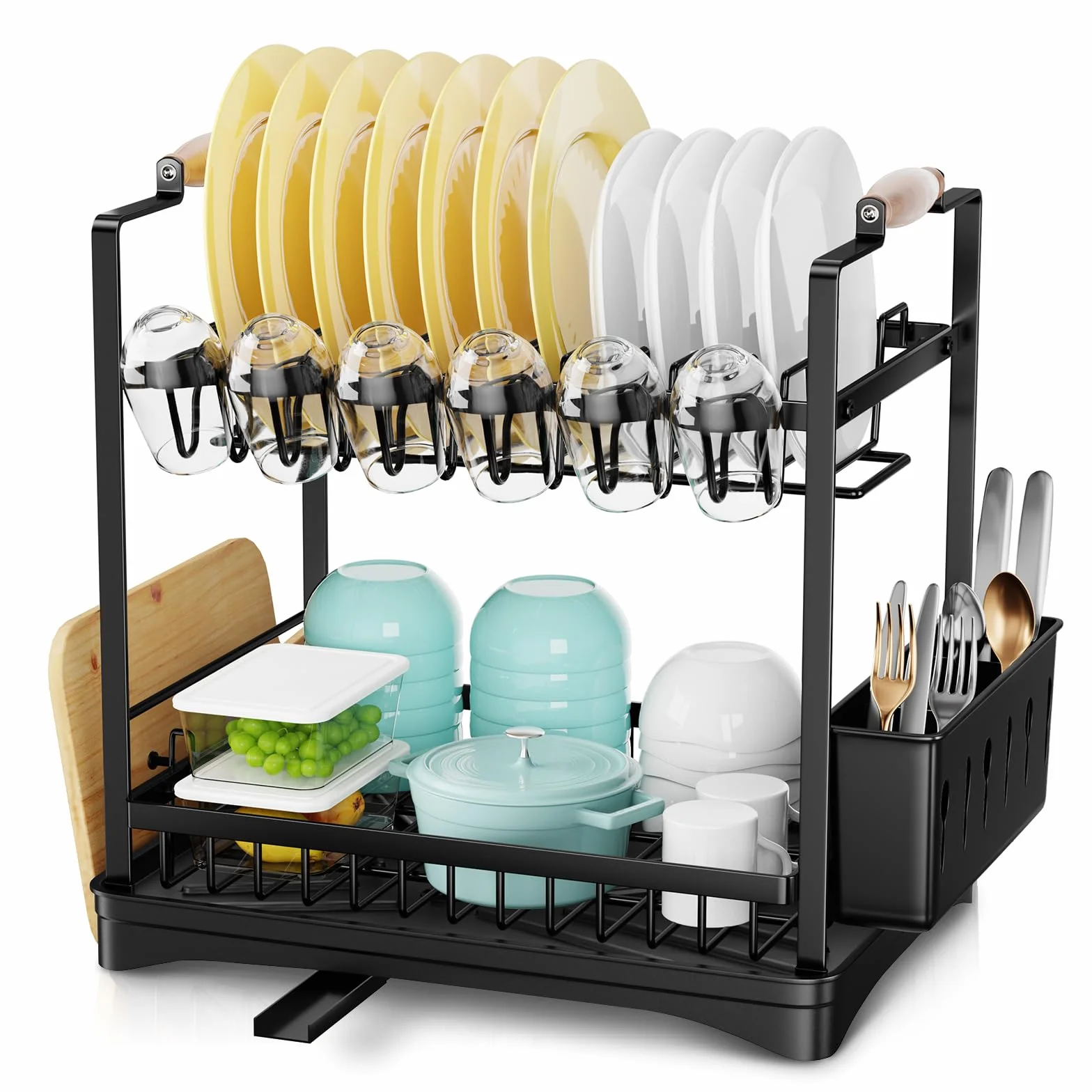 Escurridor de Platos de Doble Capa con Bandeja de Goteo, Escurreplatos de Gran Capacidad con Soporte para Tazas, Utensilios y Tablas de Cortar, Ahorra Espacio en La Encimera de La Cocina