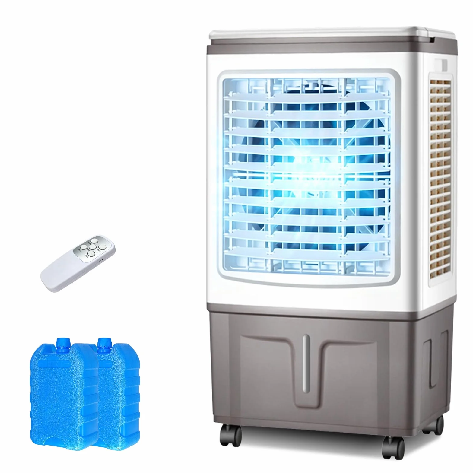 Climatizador Evaporativo 30L, 3000 m³/h Gran Caudal de Aire, 3 Velocidades y Oscilación, Temporizador 7.5H, con Mando a Distancia y 2 Bloques de Hielo para Salones Amplios, Jardines y Terrazas
