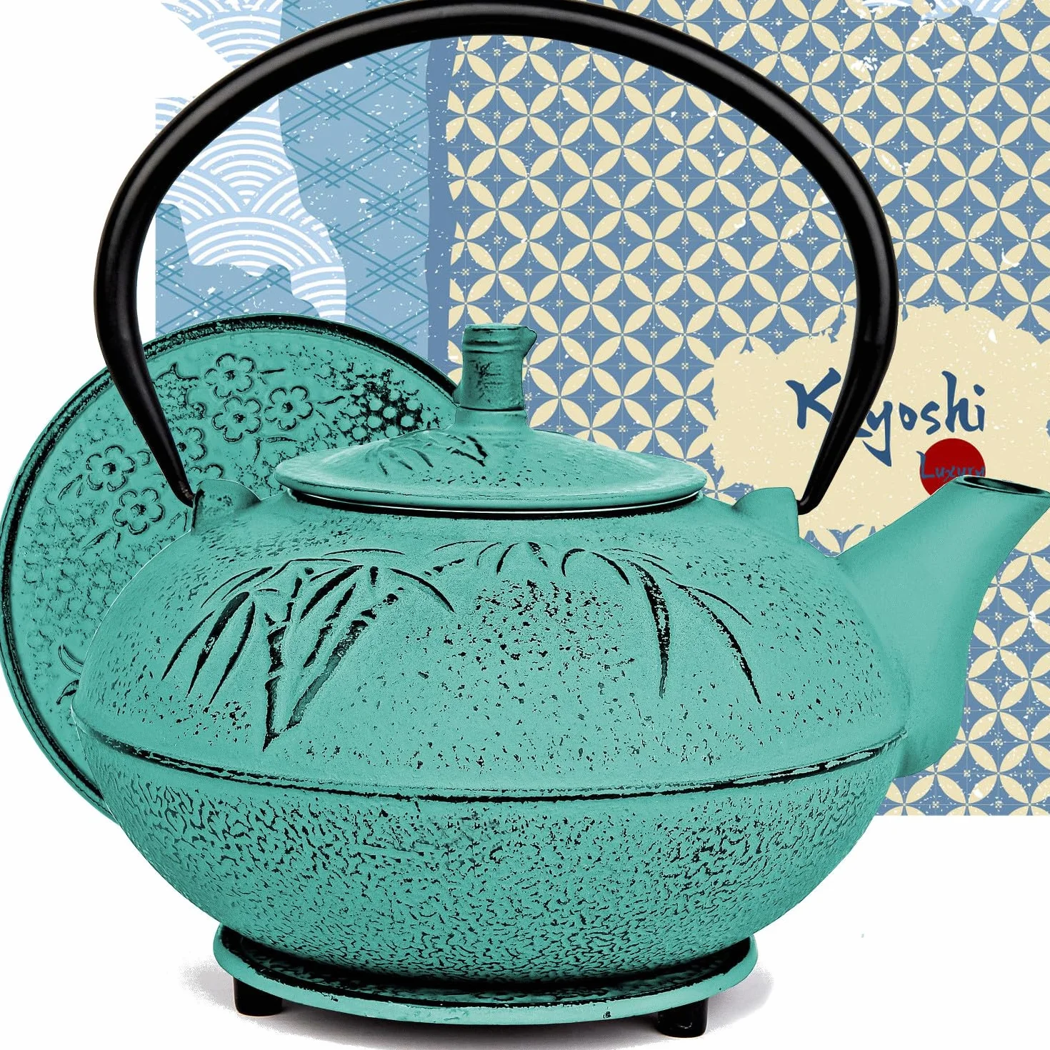 Tetera japonesa XXL de hierro fundido con infusor y salvamanteles a juego, tetera grande de 2500 ml con hojas sueltas de tetsubina con interior esmaltado, juego de humidificador de hierro fundido