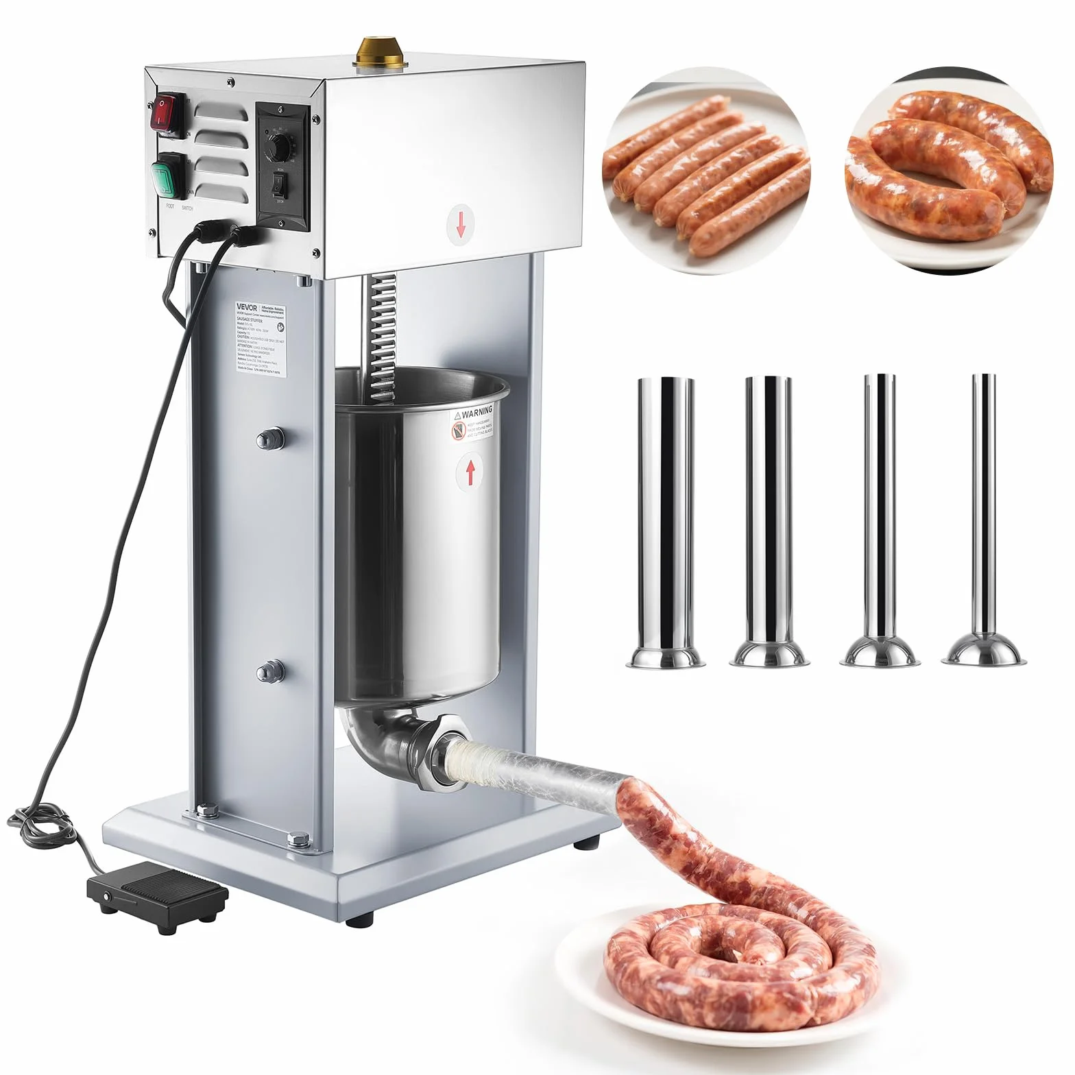 VEVOR Embutidora Eléctrica de Salchichas Capacidad de 10 L, Embutidora Vertical de Acero Inoxidable con Ajuste de Velocidad Continuo, Pedal y 4 Tubos de Llenado, para Restaurante, Supermercado