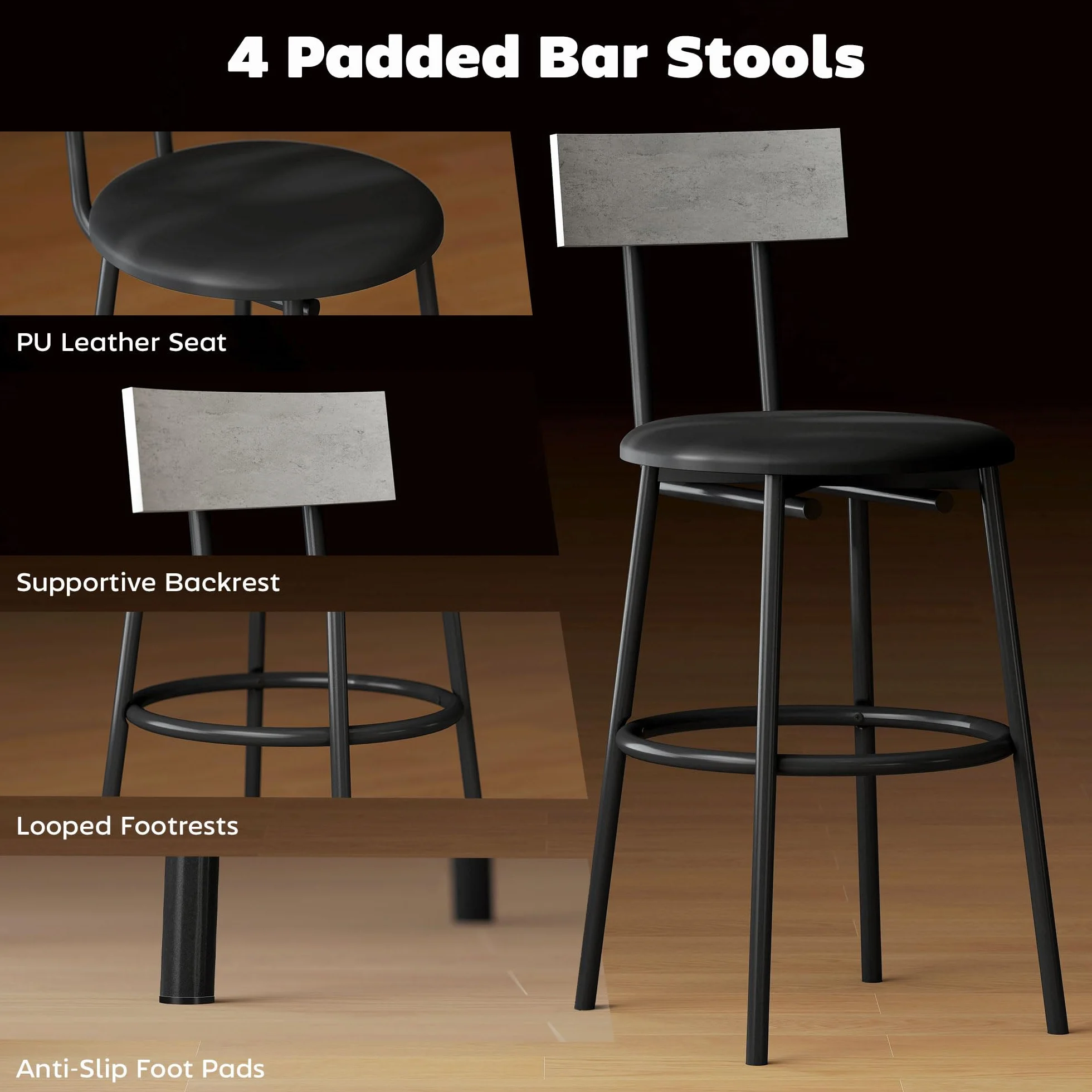 HOMCOM Juego de Mesa de Bar con 4 Taburetes de Cuero PU, Sillas de Bar y Cocina Ahorran Espacio, Patas de Acero, Estilo Moderno, Mesa Alta para Comedor