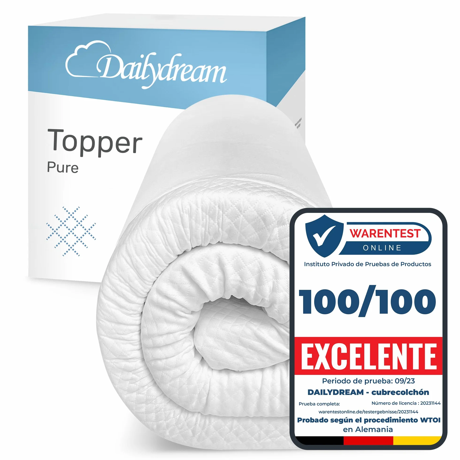 Topper de colchón Dailydream 160x200 cm | Espuma viscoelástica | Altura de 9 cm | H1/2 | Edición Pure, Modelo XL | para Camas Box Spring y Camas de Invitados