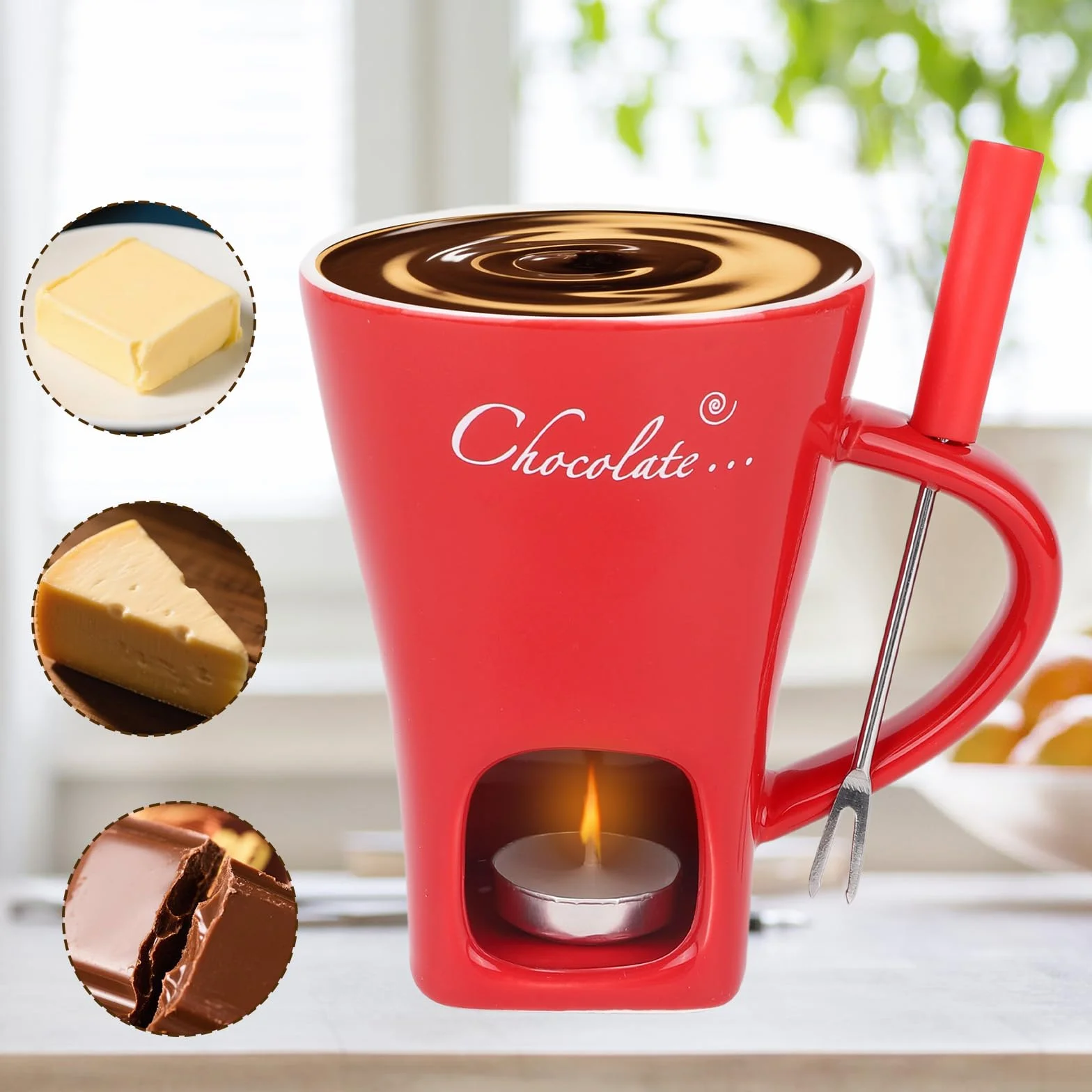 Juego Tazas para Fondue de Chocolate, Cerámica Mini Olla Fondue con Tenedor y Calentador de Velas, Rojo