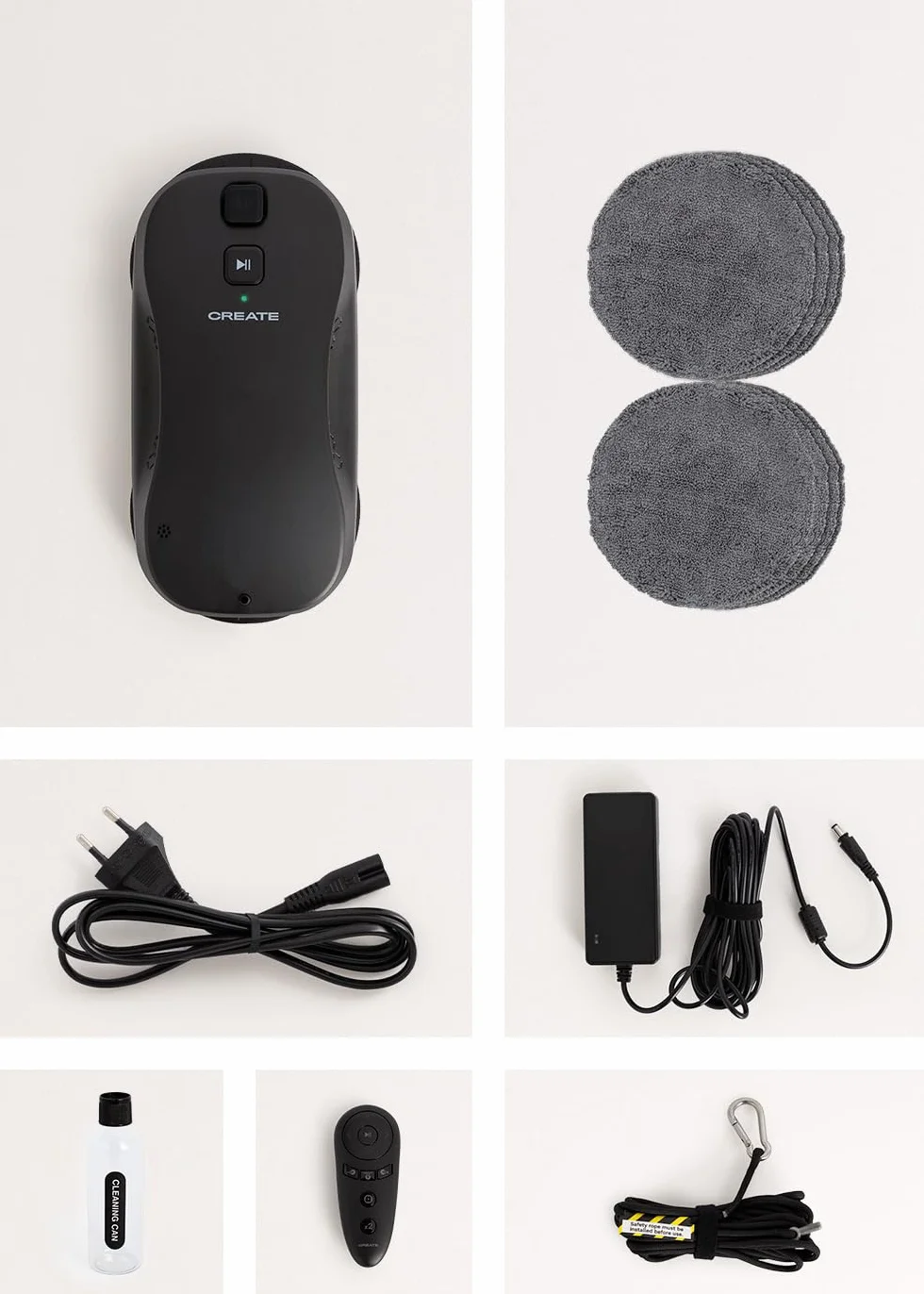 CREATE / WIPEBOT Pro/Robot limpiacristales automático Negro con WiFi/Doble Salida de Agua, 2 Niveles de pulverizado, Reconocimiento de Esquinas y Bordes, Cable de Seguridad de 5m, Depósito de 60ml
