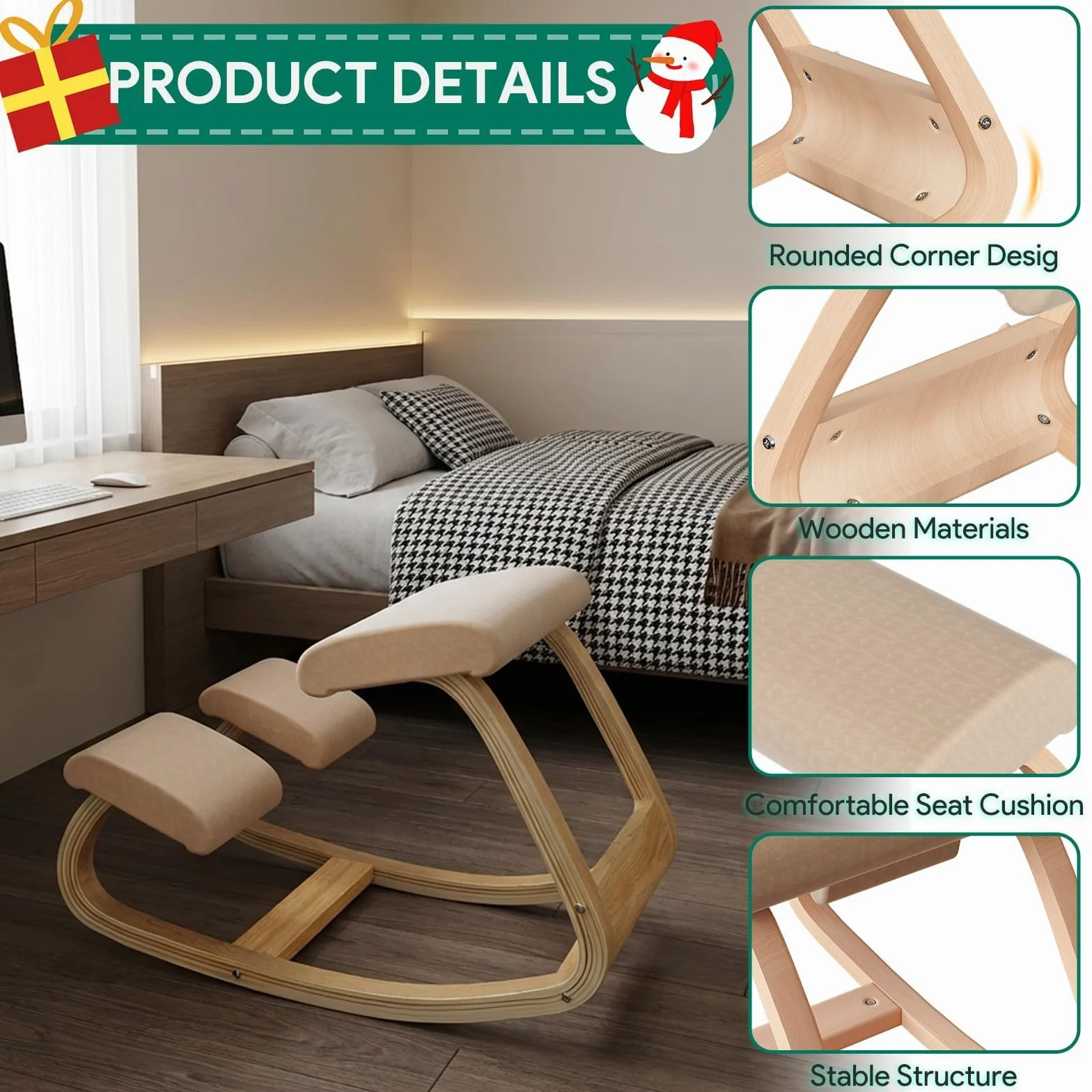 Silla ergonómica para rodillas de madera negra, corrector de postura para oficina en casa y meditación, solución de escritorio para aliviar el dolor de espalda y cuello y mayor comodidad