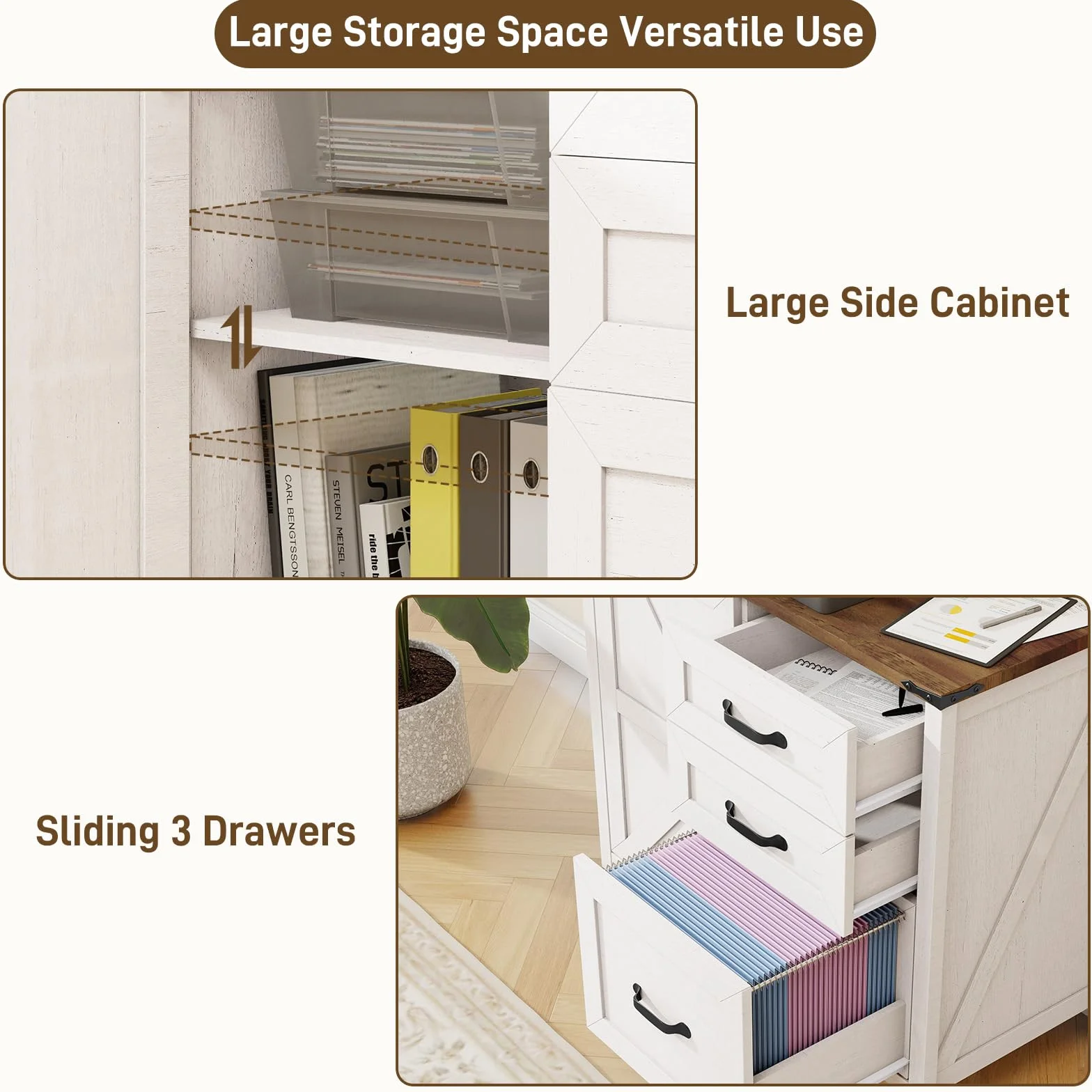 BonVache Archivador Lateral con 3 Cajones, Mueble de Almacenamiento para Oficina Estilo Campestre, Soporte para Impresora, Blanco Rústico para Carpetas Colgantes A4/Letter, 80 cm