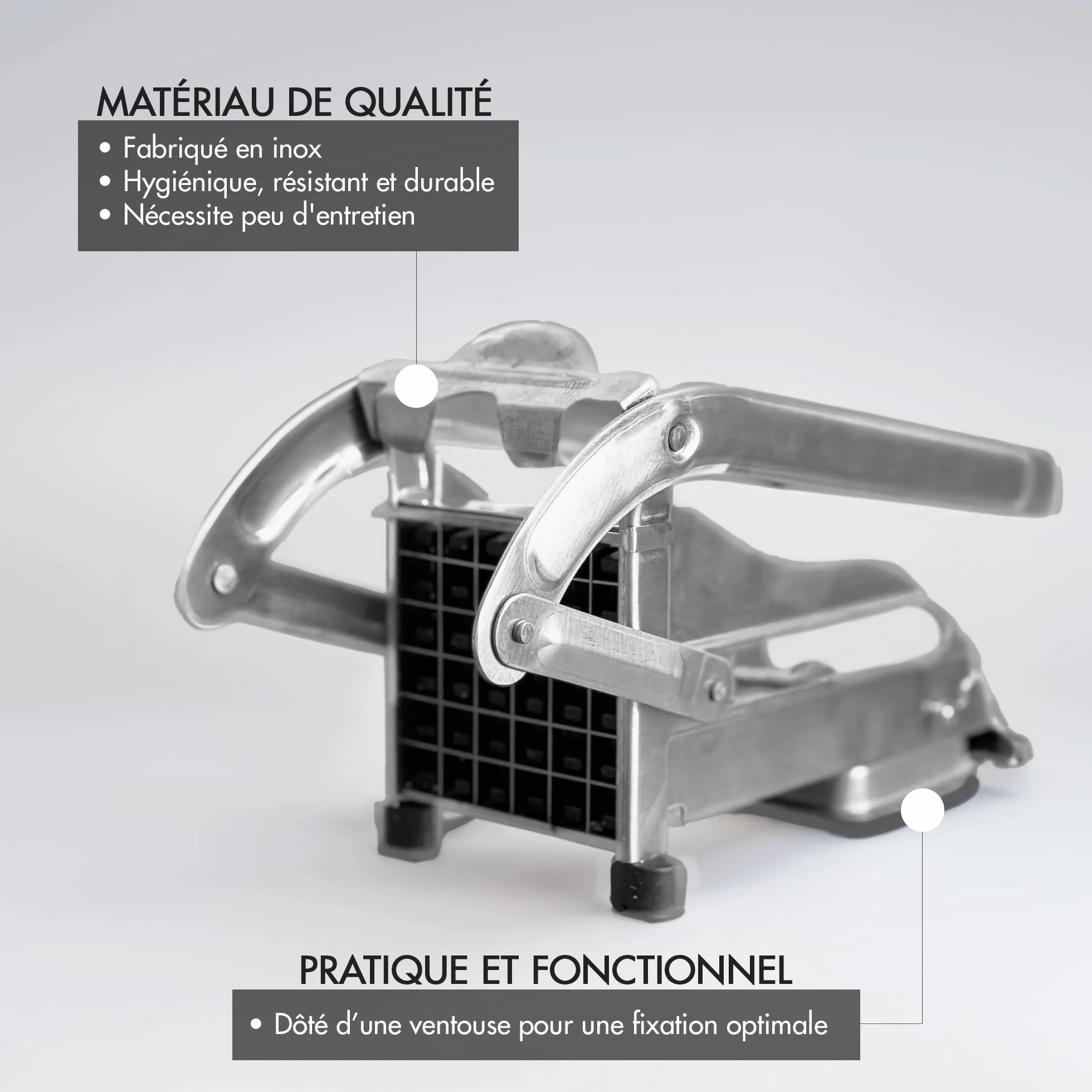 Louis Tellier - Cortador de patatas fritas en acero inoxidable sobre ventosa - 2 cuchillas - - 10 mm y 8 mm - Cortador de verduras, accesorios para patatas fritas caseras