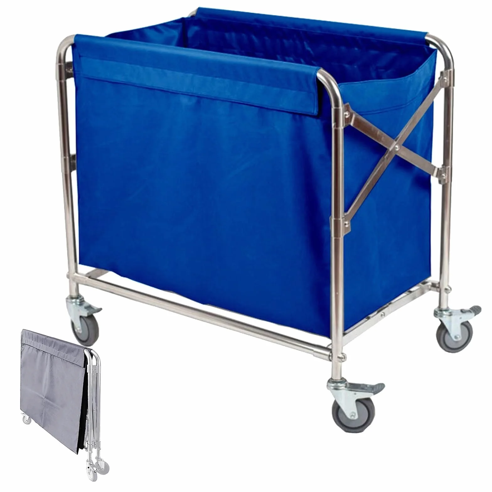 Carro Clasificador de Ropa Plegable, Carrito de Lavandería Comercial para Hotel con Estructura de Acero Inoxidable y Bolsas Extraíbles, 280 L/350 L, Capacidad de Carga 200 Kg/440 Lb(Blue,52x86x83cm)