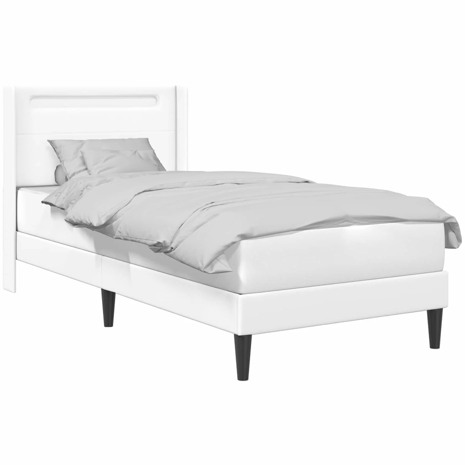Marco de cama blanco con tiras de luz LED de 90 x 190 cm, piel sintética, marco de madera moderna con tiras LED ajustables Fuente de alimentación USB, diseño estable, para cama individual