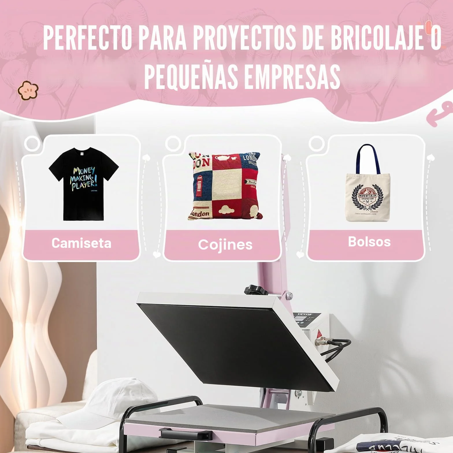 VEVOR Prensa Térmica Deslizable Máquina de Prensa Térmica Digital de 380 x 380 mm con Algodón Aislante de 2 Capas Máquina de Transferencia de Calor para Camisetas, Tazas, Almohadas y Bolsas, Rosa