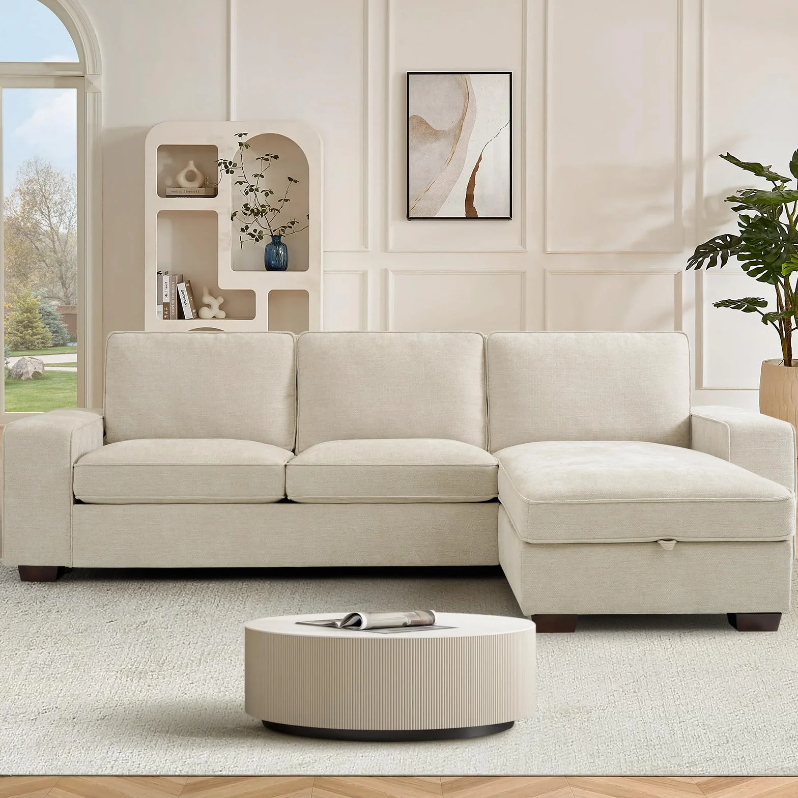 DUANDUAN Sofá seccional Convertible 250 cm con Almacenamiento en Chaise, Moderno diseño Reversible en Forma de L, cómodo Tejido de Chenilla, Fundas de Almohada Desmontables, Puertos USB Tipo C Beige