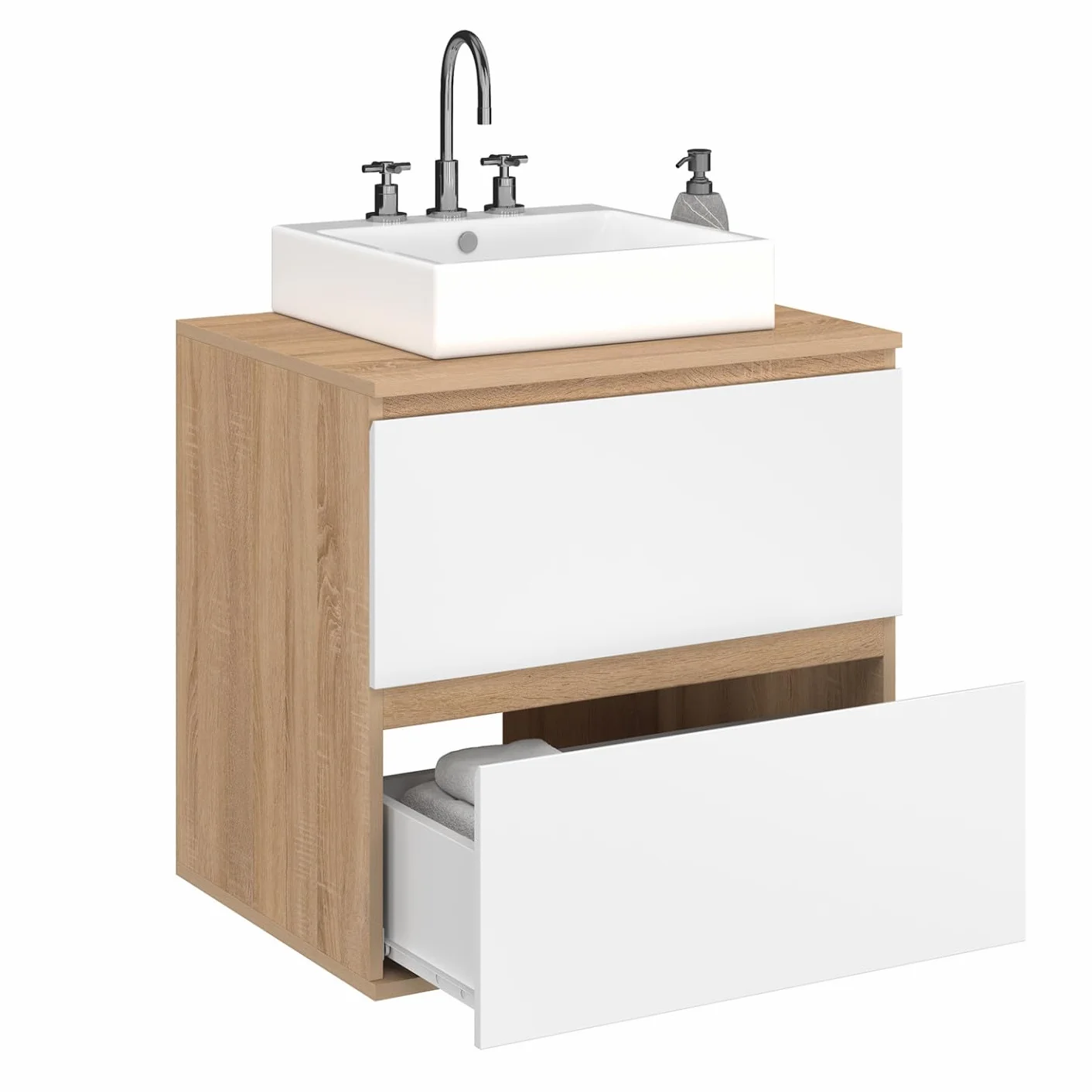 IDMarket - Mueble de baño con 2 cajones suspendidos TOMI en haya y blanco