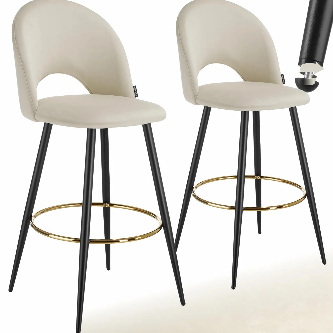 tectake® Taburete Alto Cocina con Respaldo, Acolchado, Terciopelo Suave, Taburete Bar con Patas de Acero, Reposapiés y Pies Antideslizantes, Silla Cocina o Bar, Banqueta - 2 sillas, Crema/Negro