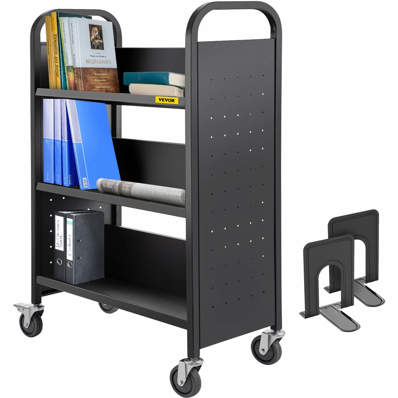 VEVOR Carrito Negro para Libros con Ruedas, Carro con Estantes Inclinados en Forma de V de un Solo Lado, 1250 x 750 x 350 mm, Carga de 90 kg, Carro de Libros para Biblioteca, Oficina, Escuela, Casa