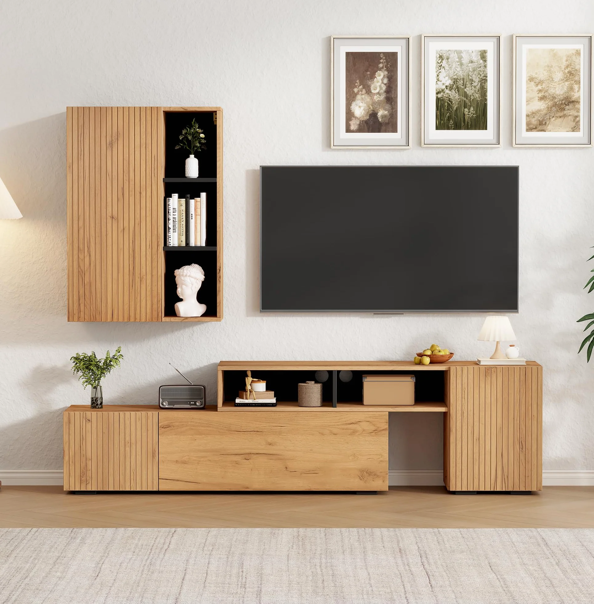 Mueble para salón, mueble de TV, juego de muebles de salón (juego completo, 2 unidades), mueble de TV con vitrina, estantería de pie, longitud flexible, hasta 265 cm, TV de hasta 120