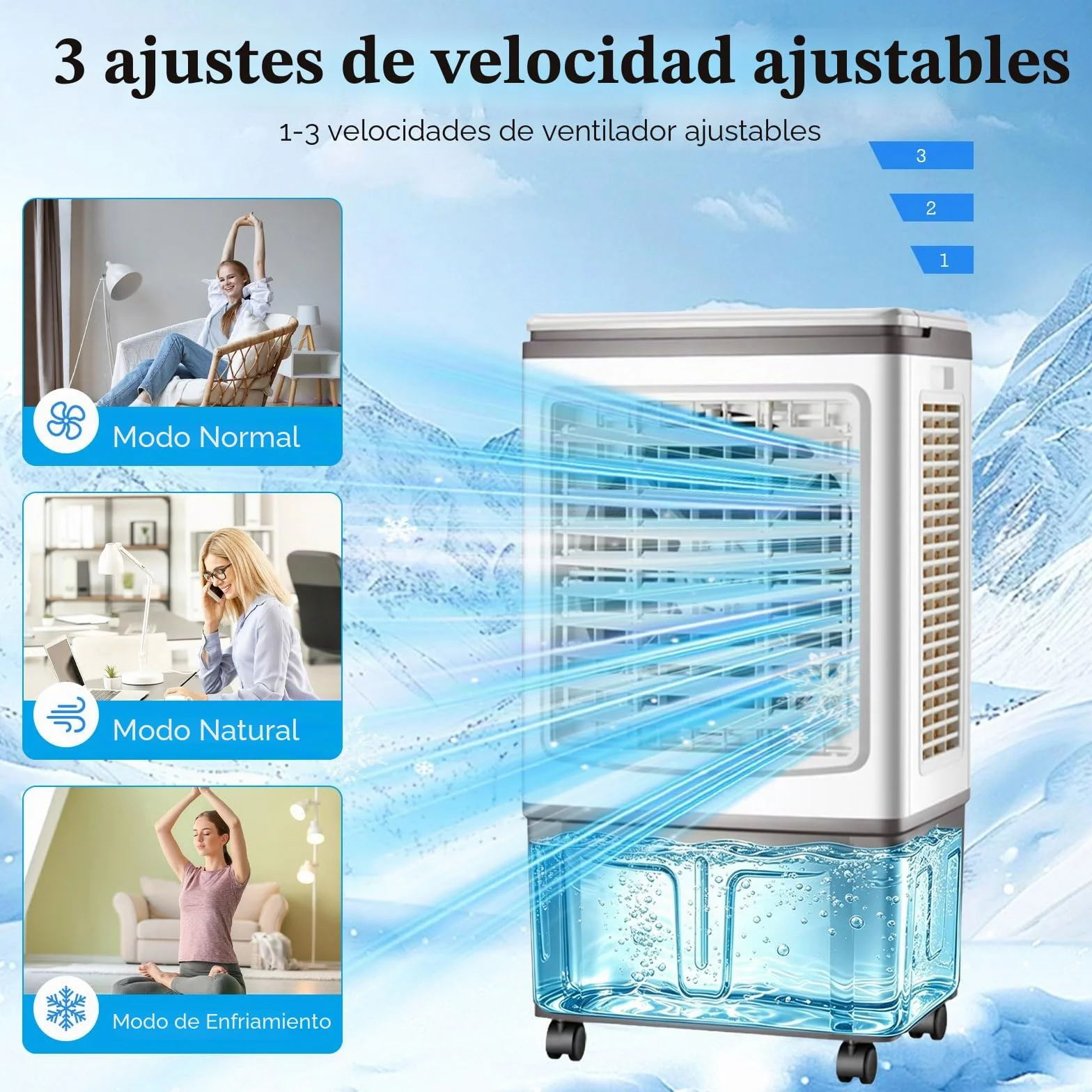 Climatizador Evaporativo 30L, Ventilador de Agua con Mando a Distancia y Acumuladores de Hielo, Potente Flujo de Aire, Enfriador Evaporativo Portátil para Grandes Espacios, Salón y Garaje