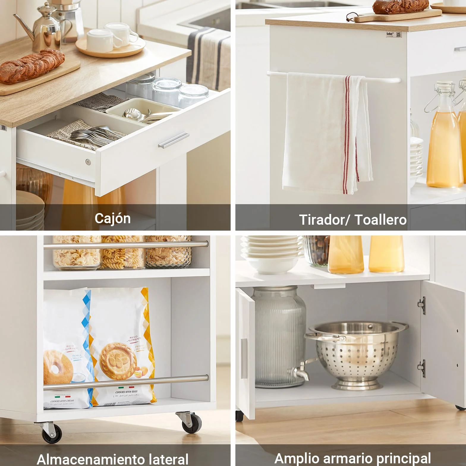 SoBuy Carrito Auxiliar con Ruedas Mueble Auxiliar de Cocina Carro Cocina con Estantes Laterales Cajón Puertas y Toallero Mesa Auxiliar Cocina Blanco 82x46x88 cm FKW113-WN