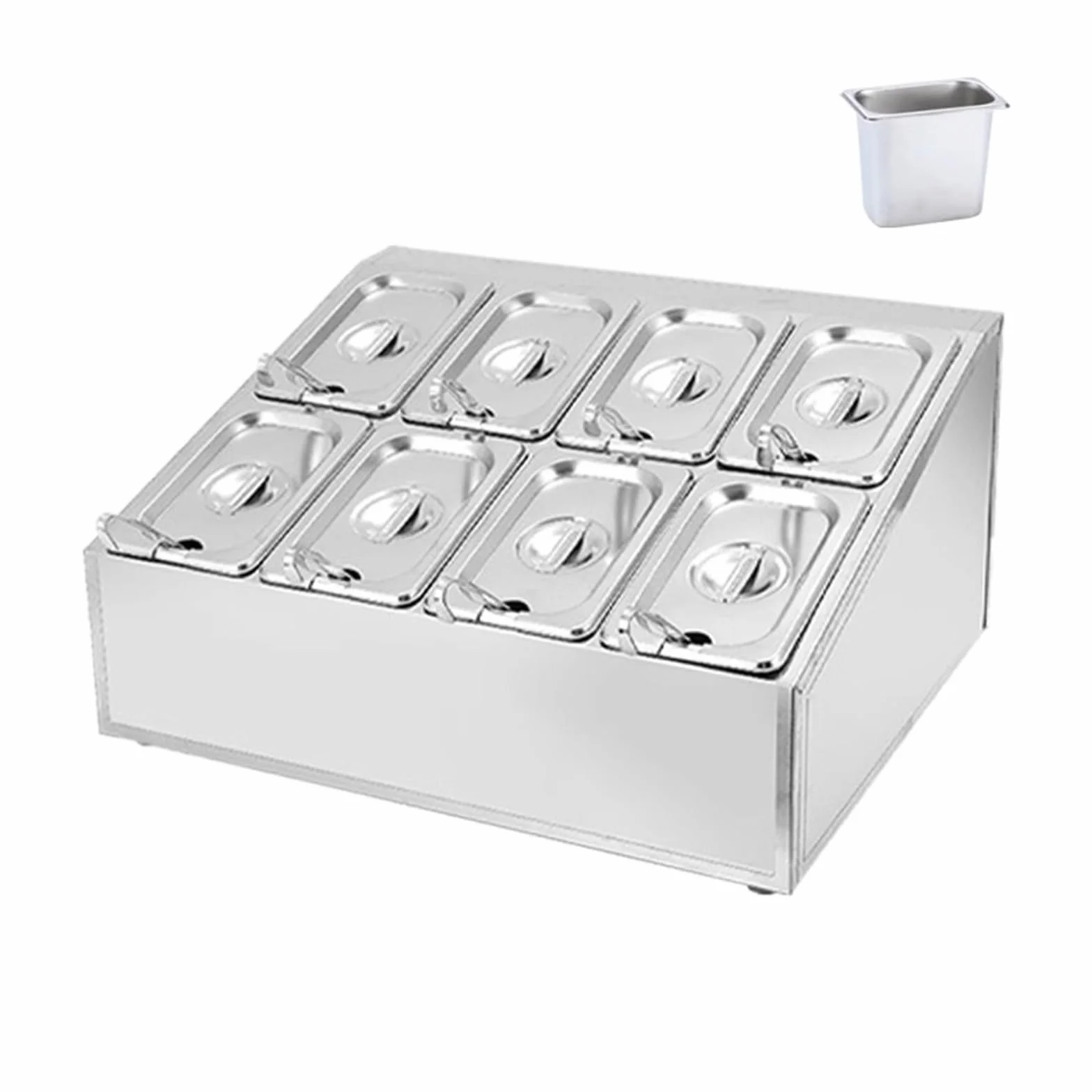 Caja de condimentos de acero inoxidable, estación de cobertura de pizza con sartenes y tapas, dispensador de especias inclinado de acero inoxidable, estante de especias, condimentos, salsa