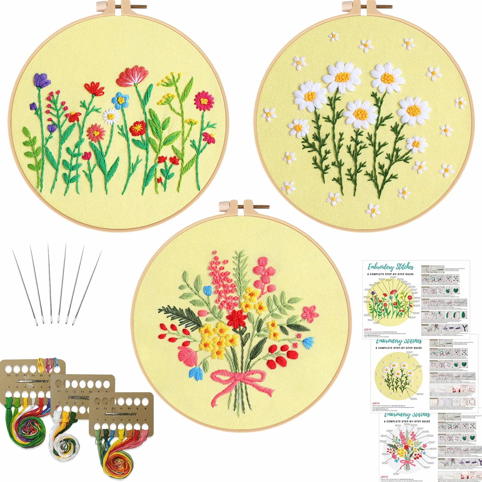 Louise Maelys 3 juegos de bordado de flores para principiantes, kit de punto de cruz para adultos, punto de aguja para principiantes, incluye patrón de ramo de margaritas, aro, instrucciones e hilos