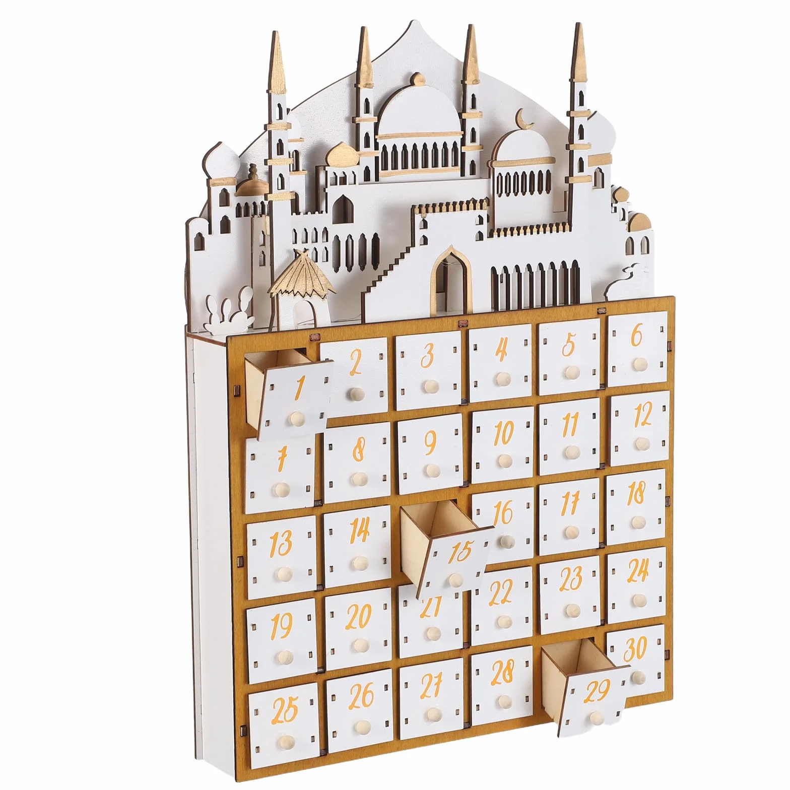 Calendario de Adviento de Ramadán para Adultos 30 Cajones de Madera, Función de Cuenta Regresiva y Luz LED para Decoración en Fiestas