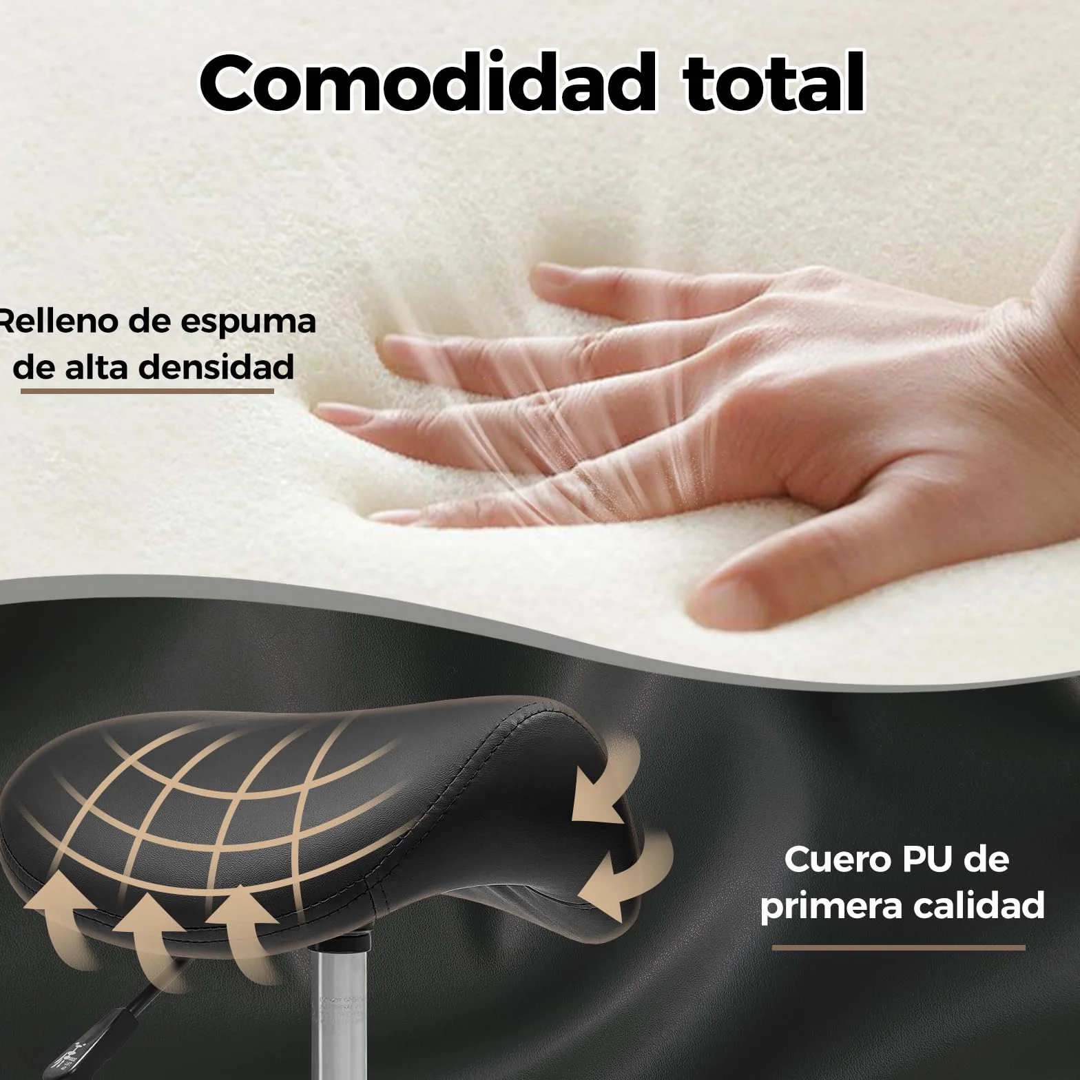 BEWISHOME Taburete Ergonómico de Silla de Montar con Ruedas, Ajuste Hidráulico Altura, Cojín Asiento Más Ancho, Adecuado a Peluquerías, Oficinas, Centros Masajes y Salones Belleza (Negro)