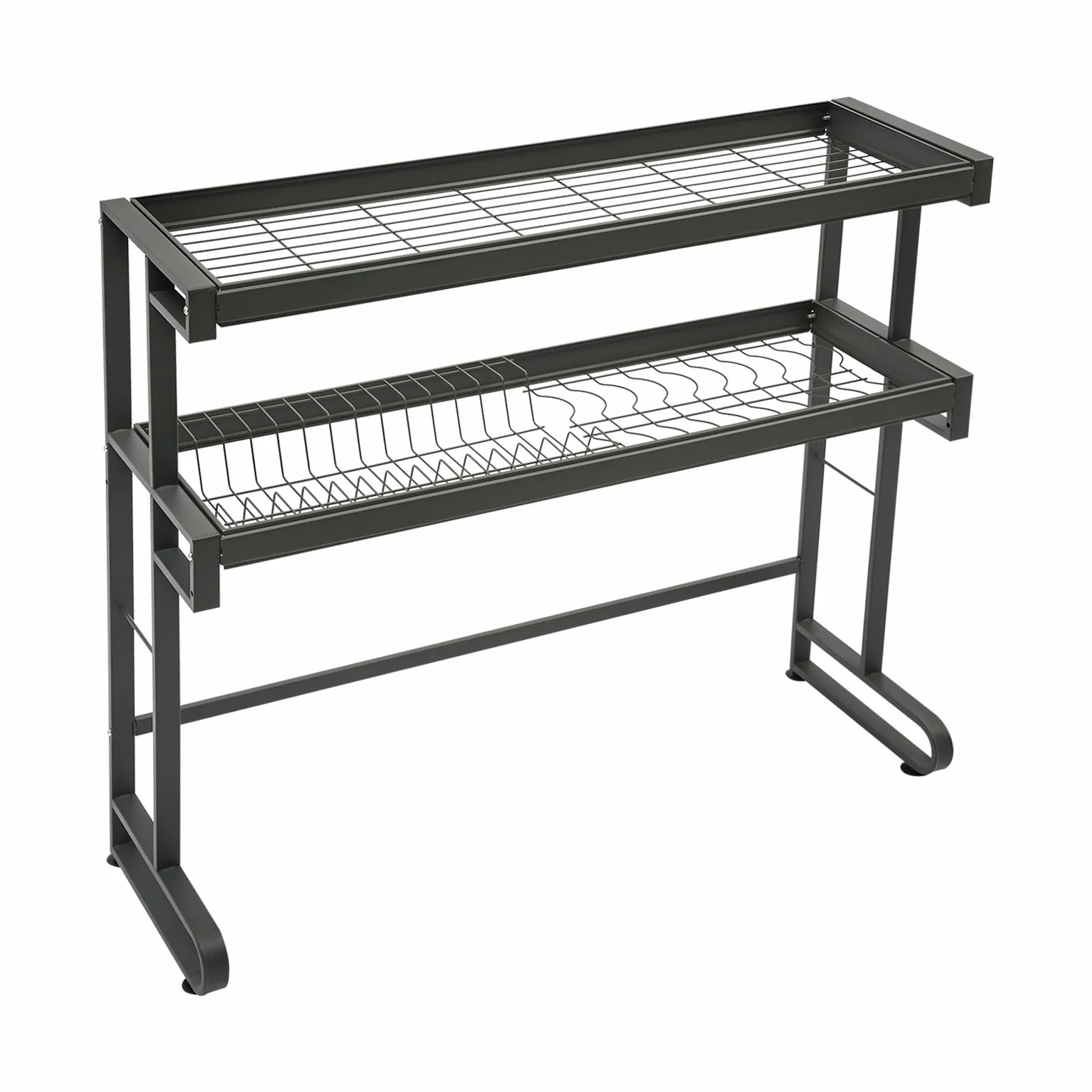 WooDerson Escurreplatos de 2 niveles, con ganchos, 2 niveles, escurreplatos sobre el fregadero, escurreplatos para cubiertos, estante para platos de cocina, color gris
