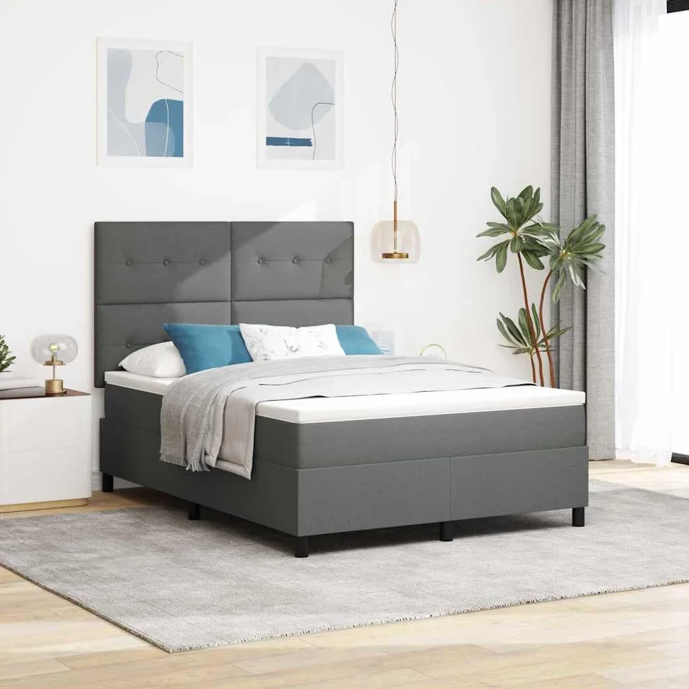 Cama con somier con cabecero gris oscuro de 140 x 190 cm, tejido de firmeza media, cabecero de altura regulable, tiras LED, marco de madera, alimentación USB