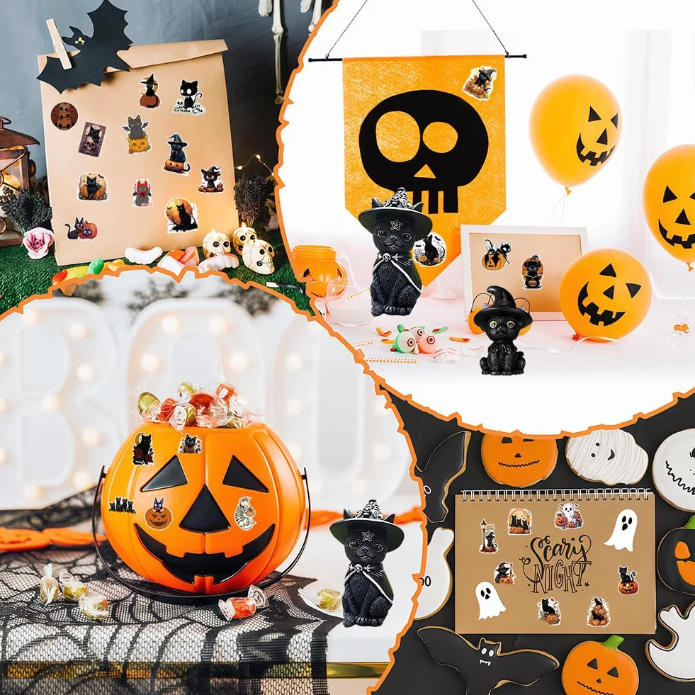 Set de Decoración de Gato-Bruja para Halloween, Figura de Resina con Sombrero de Bruja y 50 Pegatinas