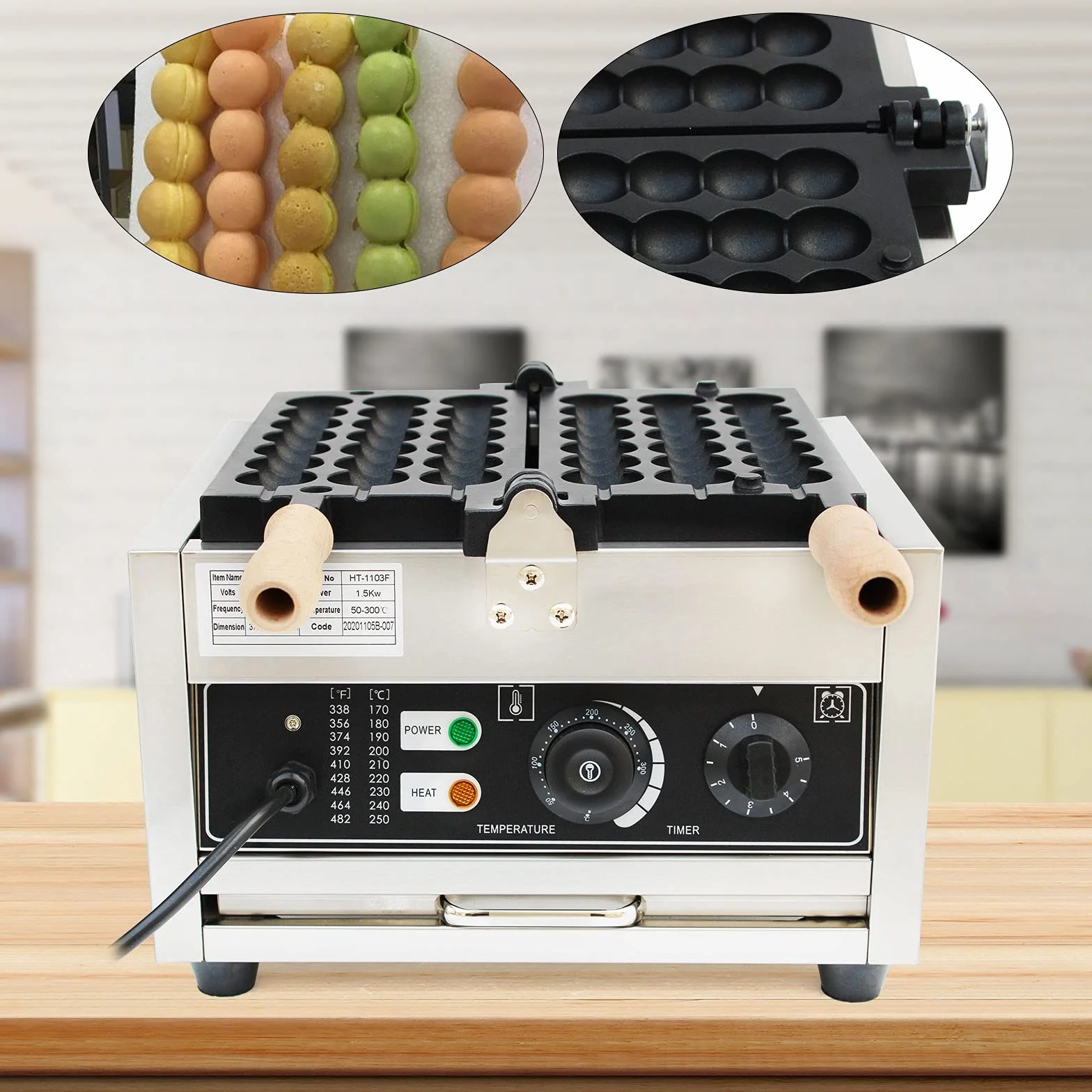 Antiadherente Bubble Waffle Maker Huevo Gofrera Huevo Waffle Machine 1500W Comercial Adecuado para Panaderías Restaurantes