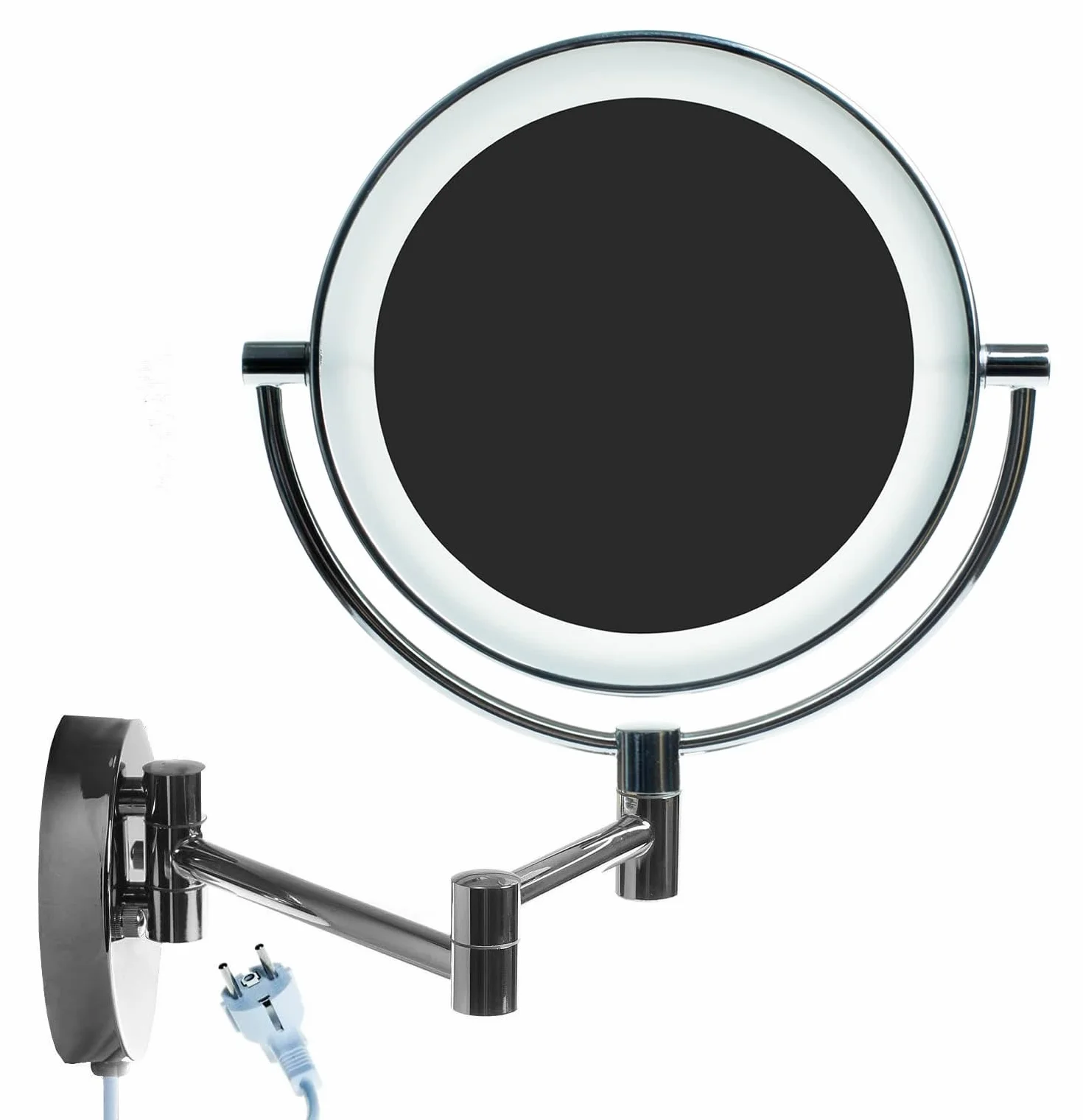 LED Cosmética Espejo 8,5 Pulgadas 10X Aumentos, Maquillar Espejo de Pared con Luz y Brazo Articulado, Plegable Espejos Afeitar Iluminado para Baño de Cara Doble, Metal Real Cromado KXD3129-10x