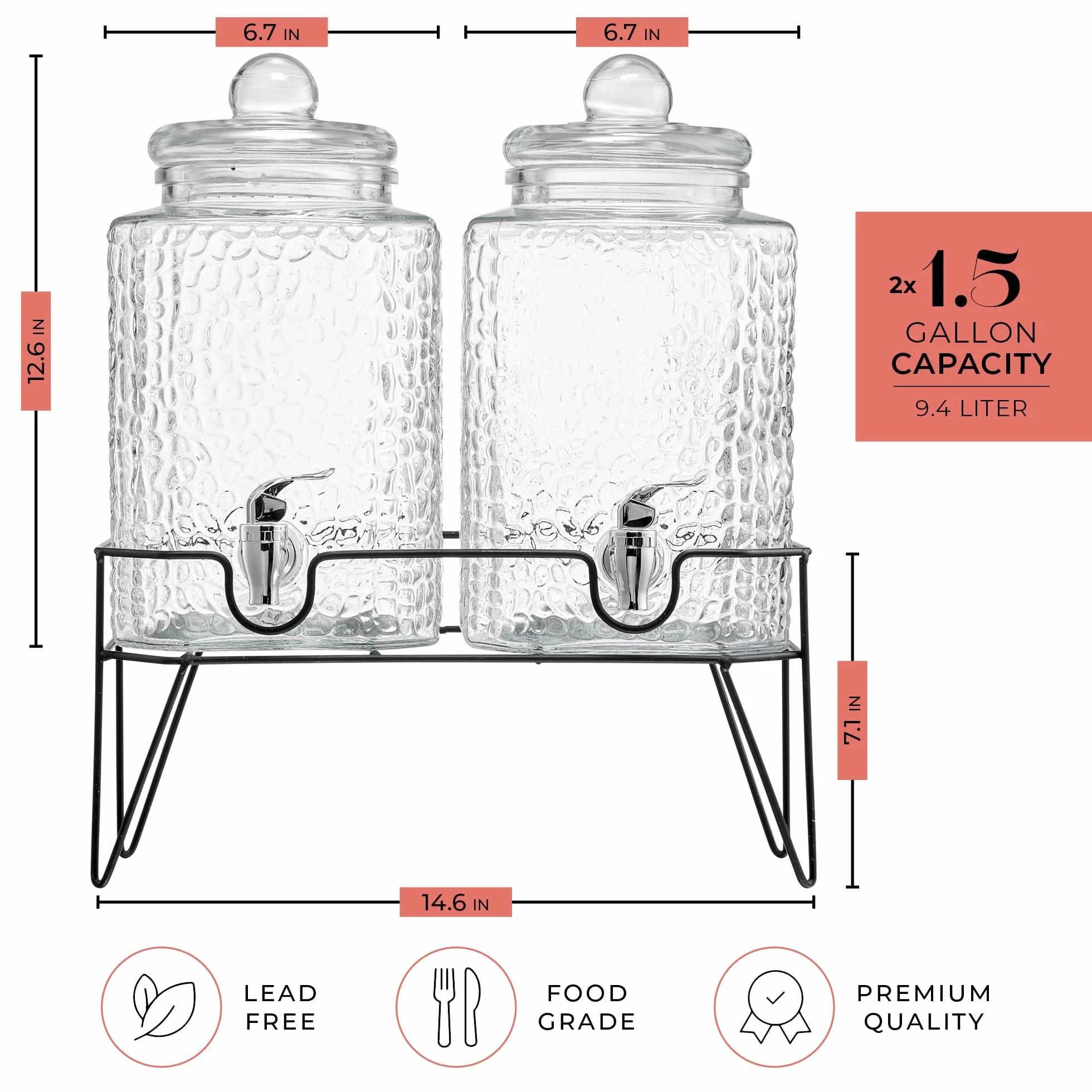 Style Setter 210266-RB 1.5 galones cada vaso dispensador de bebidas con soporte de metal (juego de 2), transparente